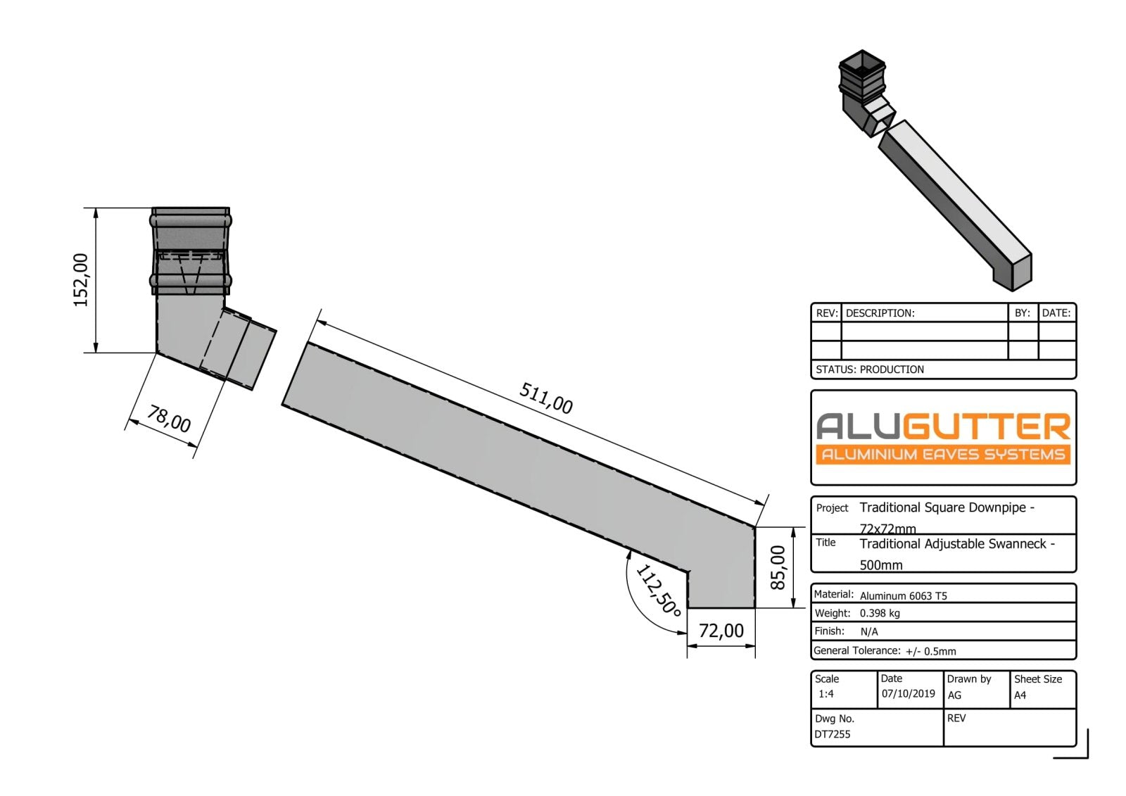 DT7255 - TRADITIONAL ADJUSTABLE SWANNECK - 100-500mm PROJ - 72x72mm - Alugutter