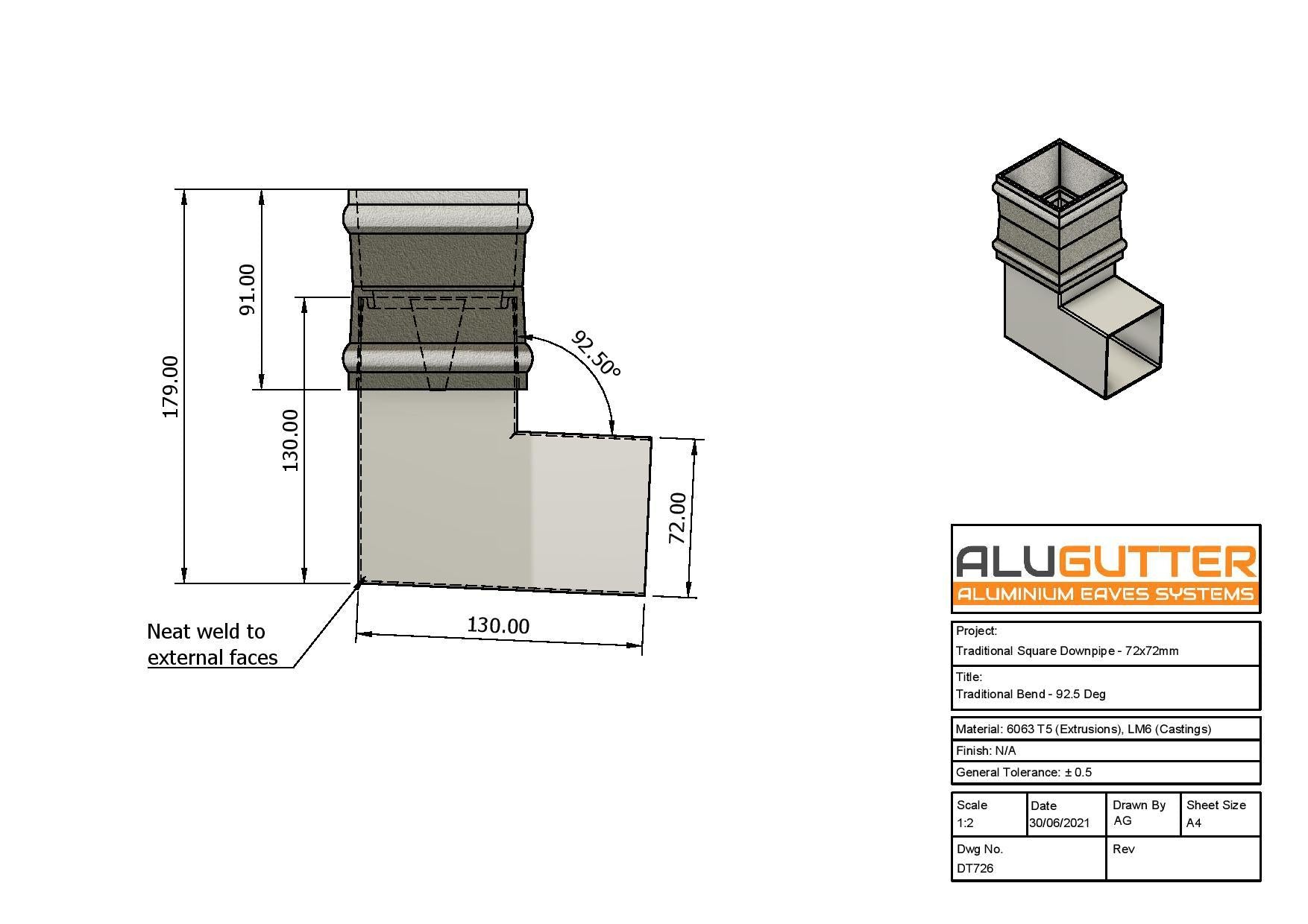 DT726 - TRADITIONAL BEND - 92.5 DEG - 72x72MM - Alugutter