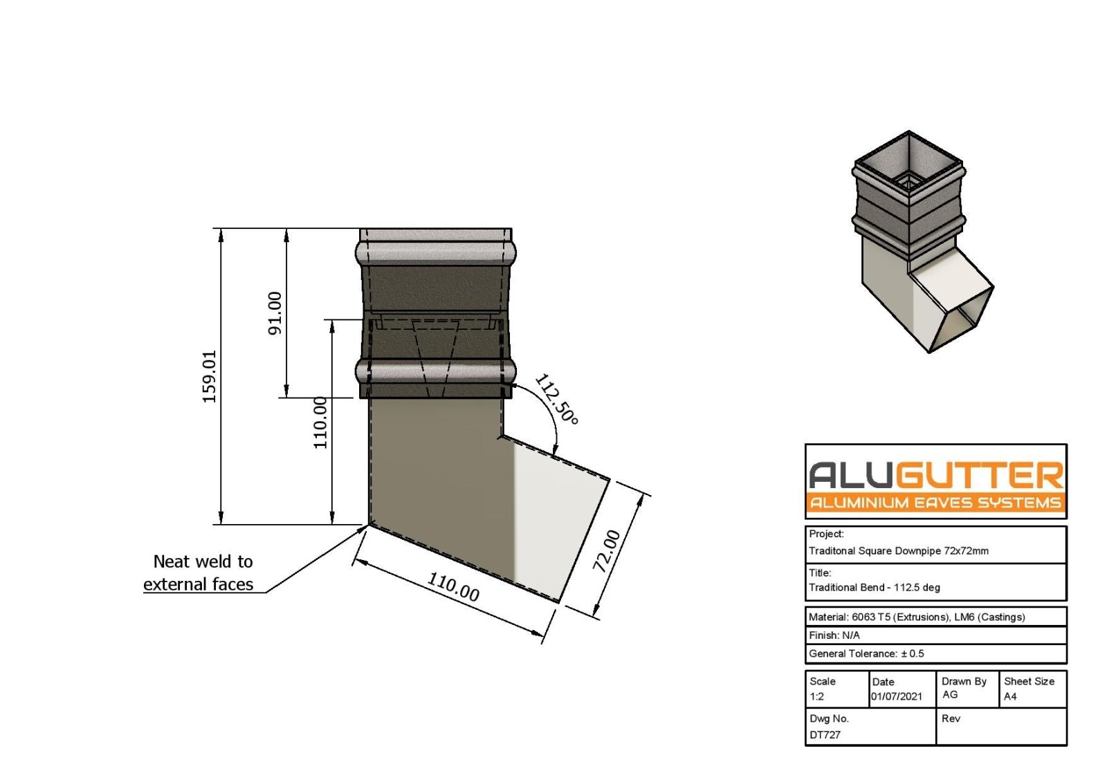 DT727 - TRADITIONAL BEND - 112.5 DEG - 72x72MM - Alugutter