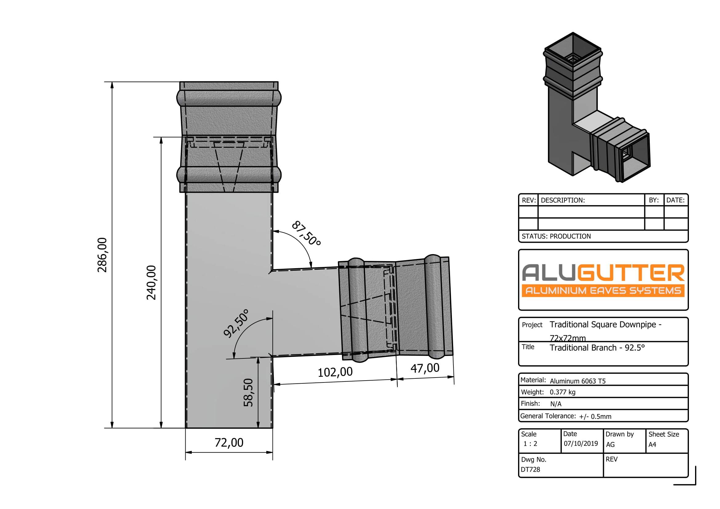 DT728 - TRADITIONAL BRANCH - 92.5 DEG - 72x72mm - Alugutter