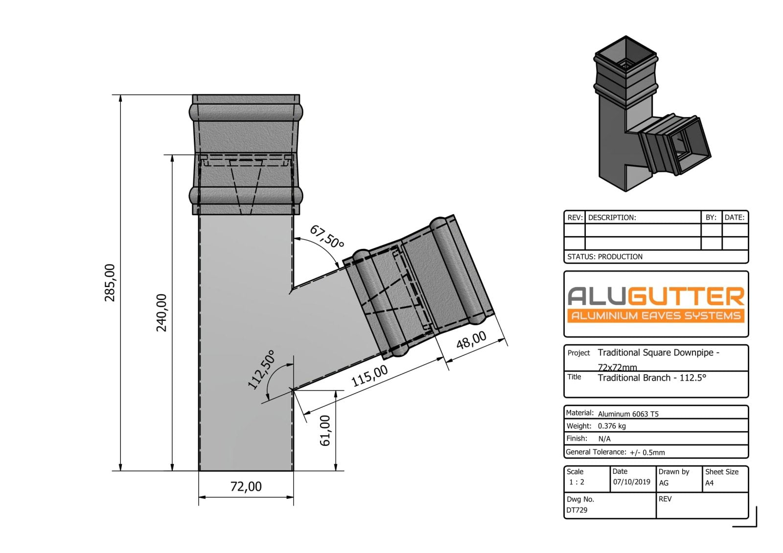 DT729 - TRADITIONAL BRANCH - 112.5 DEG - 72x72mm - Alugutter
