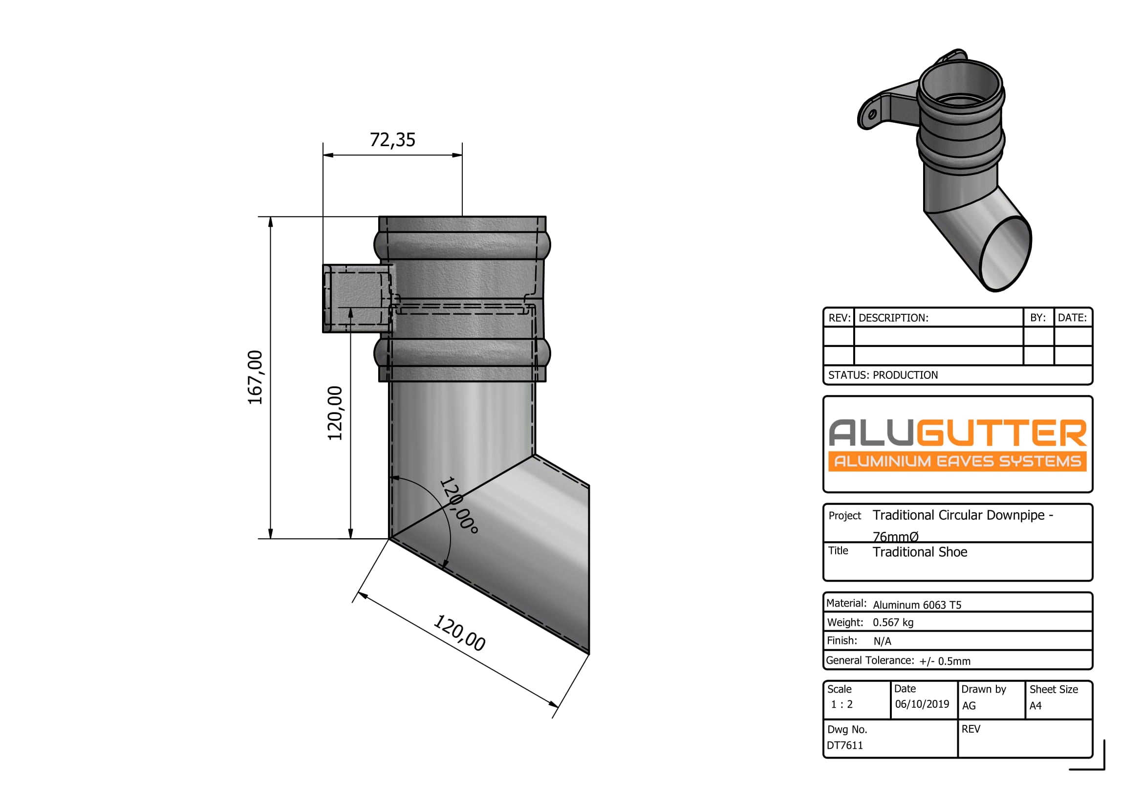DT7611 - TRADITIONAL SHOE - 76mm DIA - Alugutter