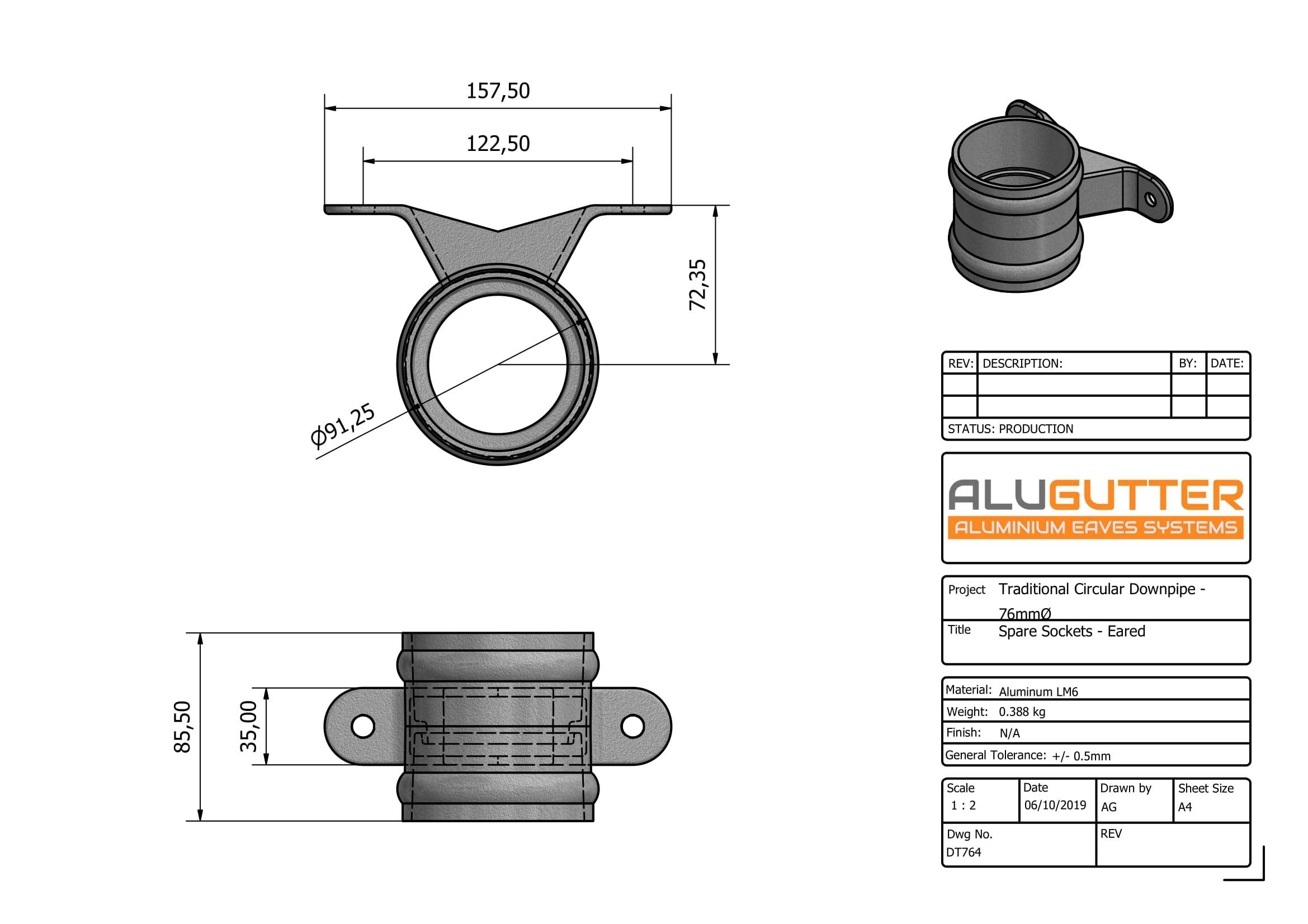 DT764 - TRADITIONAL SPARE SOCKET (Eared) - 76mm DIA - Alugutter