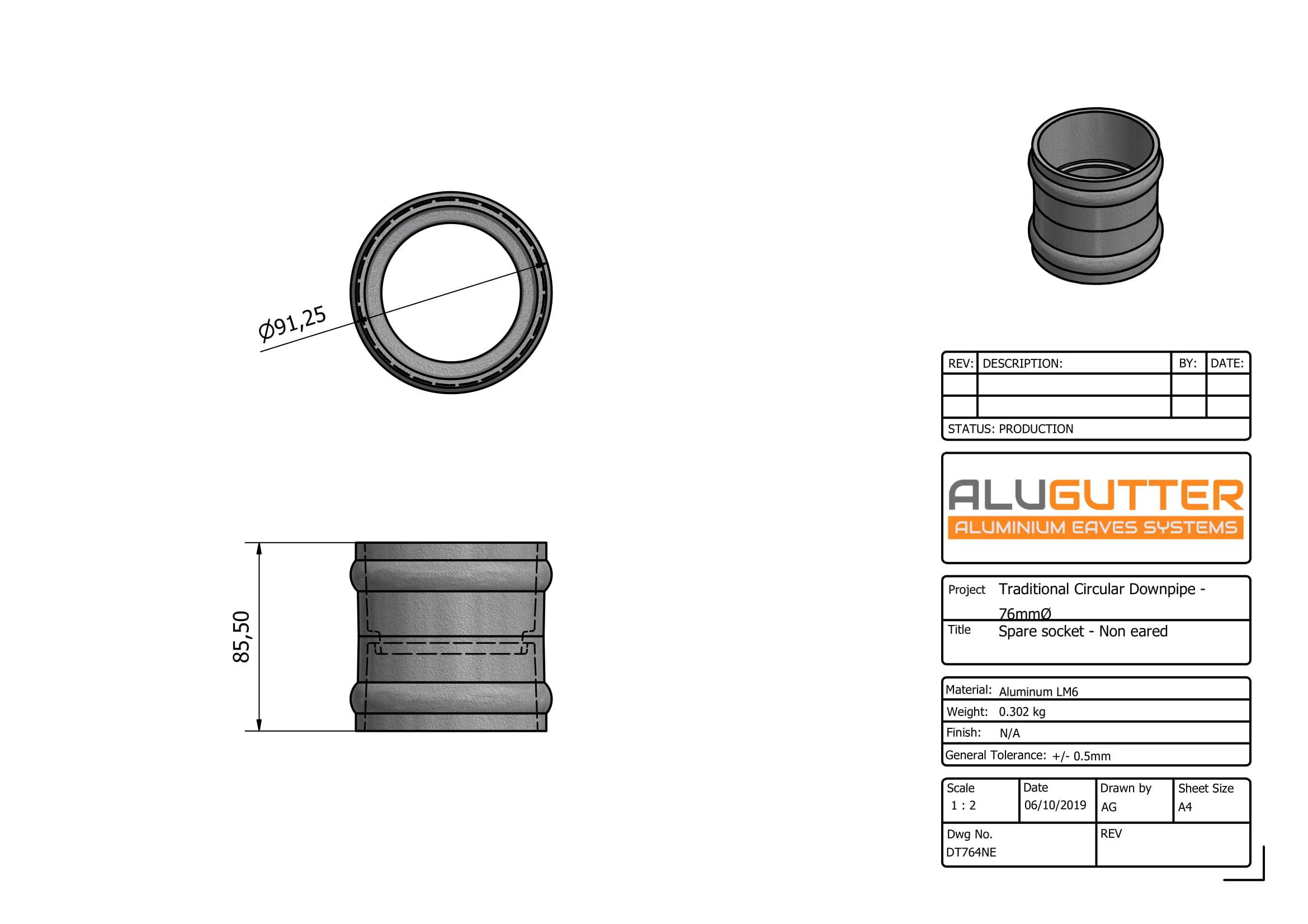 DT764NE - TRADITIONAL SPARE SOCKET (Non Eared) - 76mm DIA - Alugutter