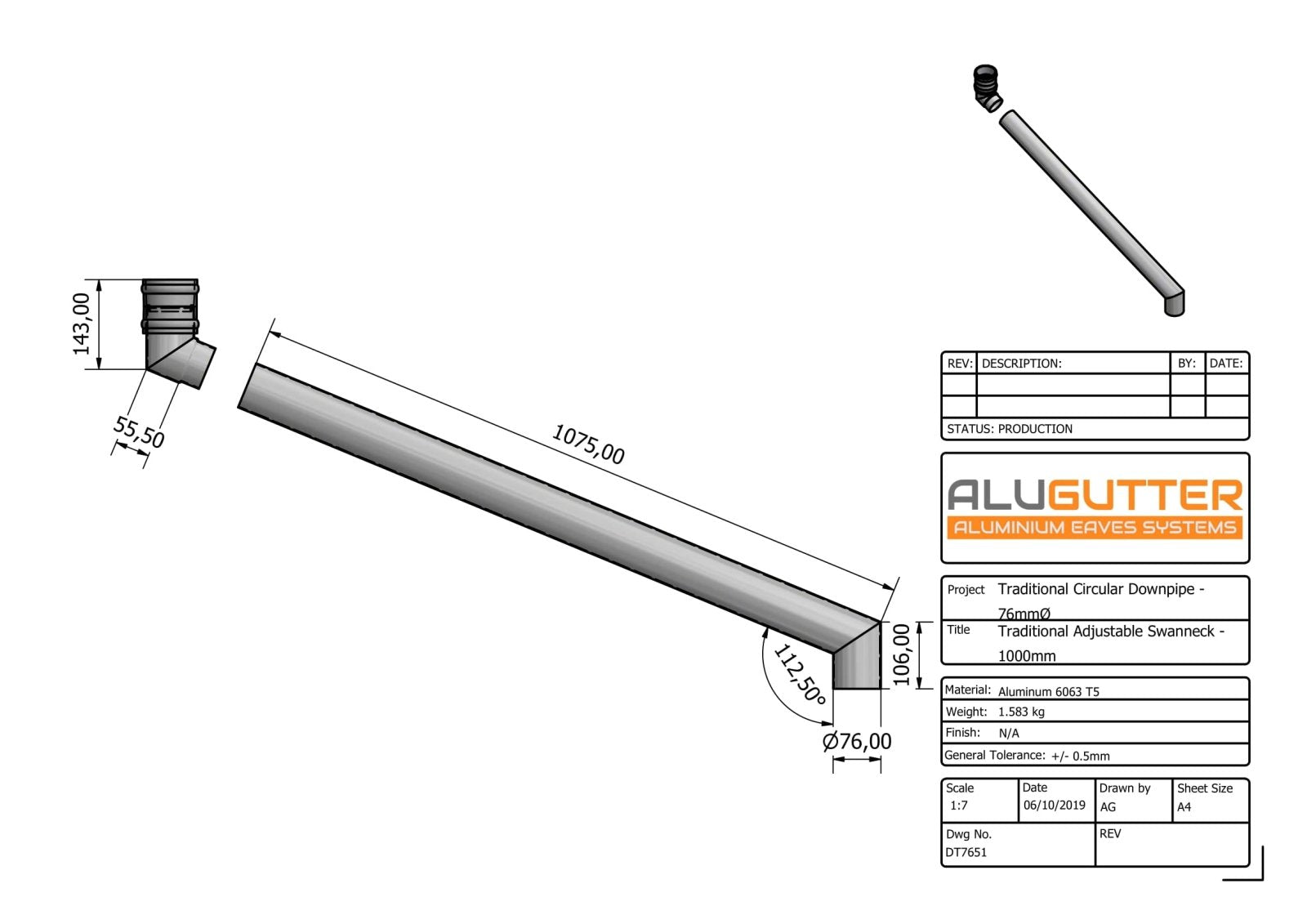 DT7651 - TRADITIONAL ADJUSTABLE SWANNECK - 90-1000mm PROJ - 76mm DIA - Alugutter