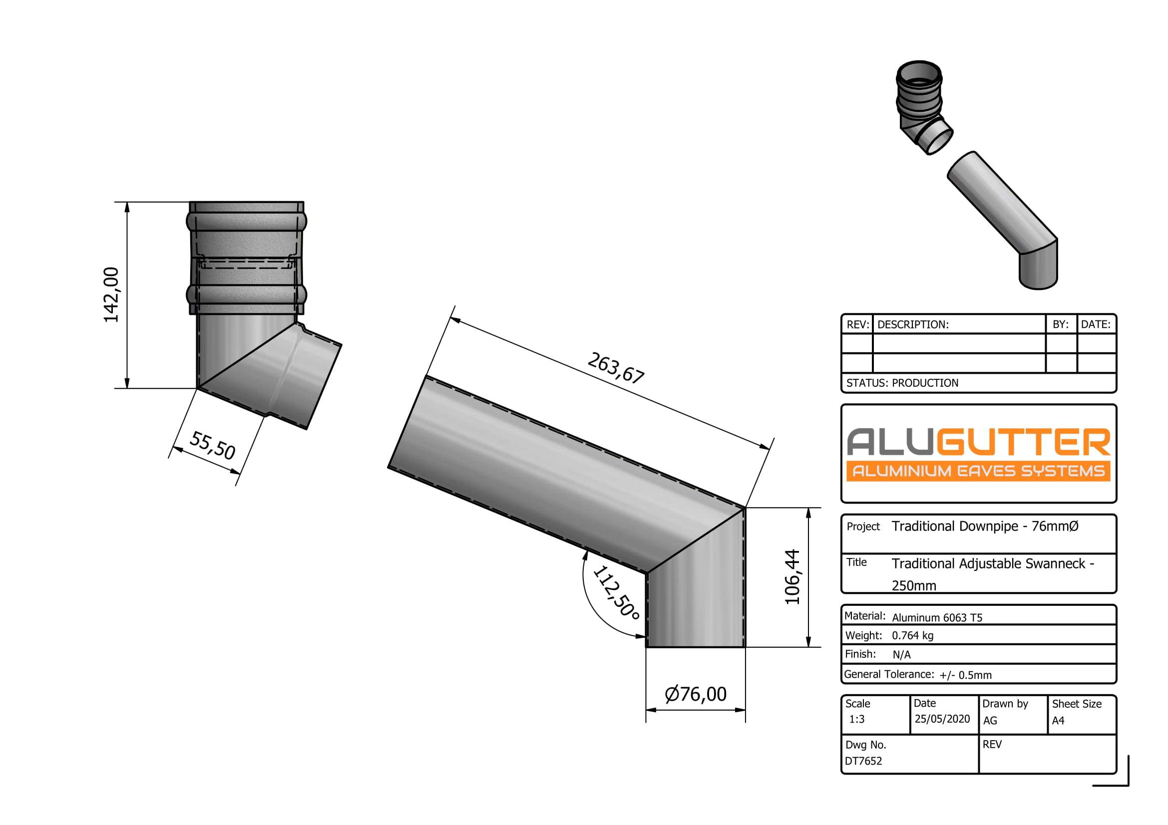 DT7652 - TRADITIONAL ADJUSTABLE SWANNECK - 90-250mm PROJ - 76mm DIA - Alugutter