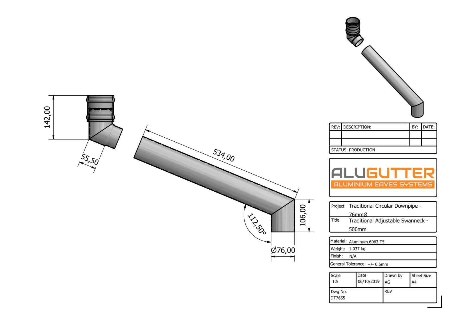 DT7655 - TRADITIONAL ADJUSTABLE SWANNECK - 90-500mm PROJ - 76mm DIA - Alugutter