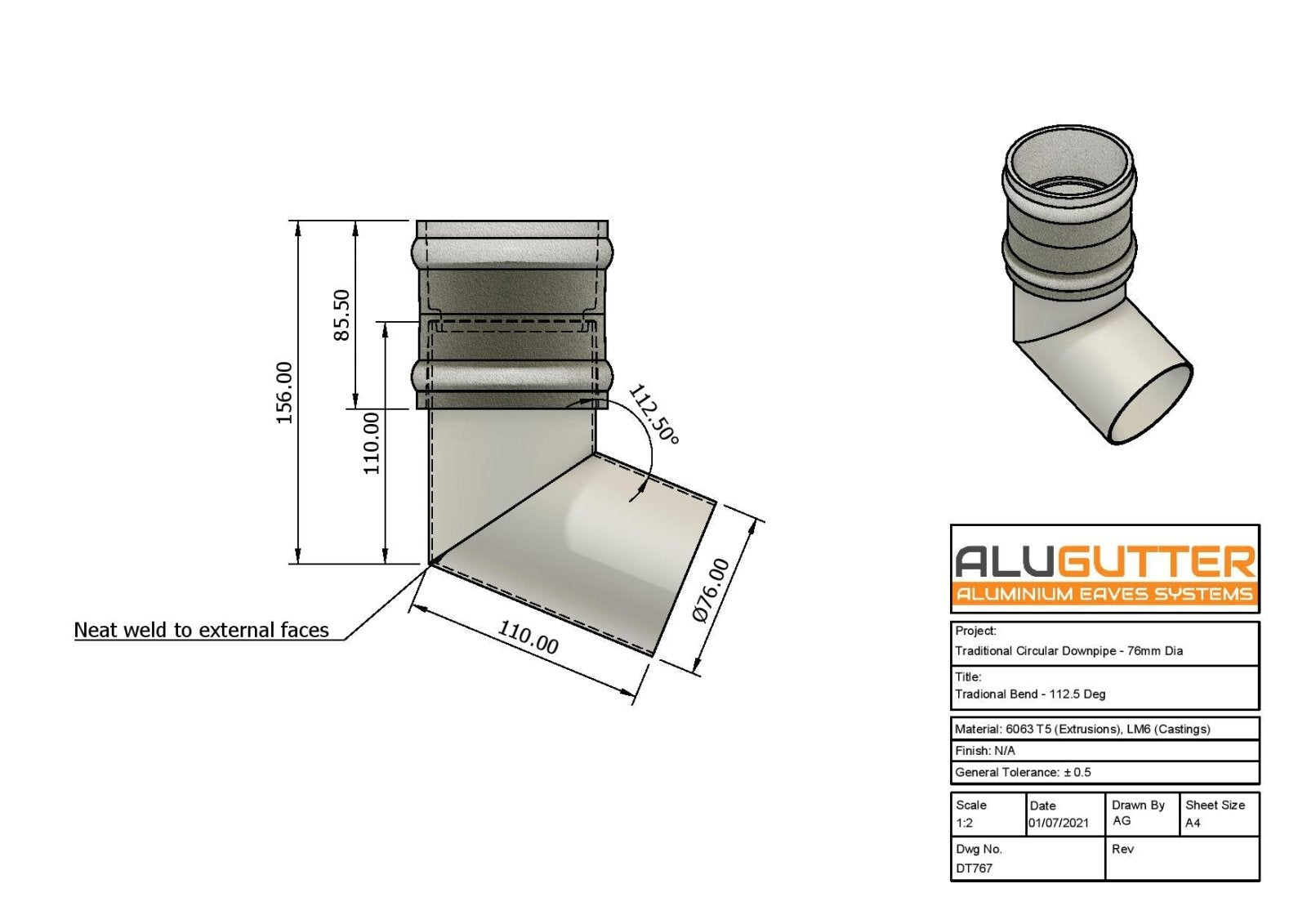 DT767 - TRADITIONAL BEND - 112.5 DEG - 76mm DIA - Alugutter