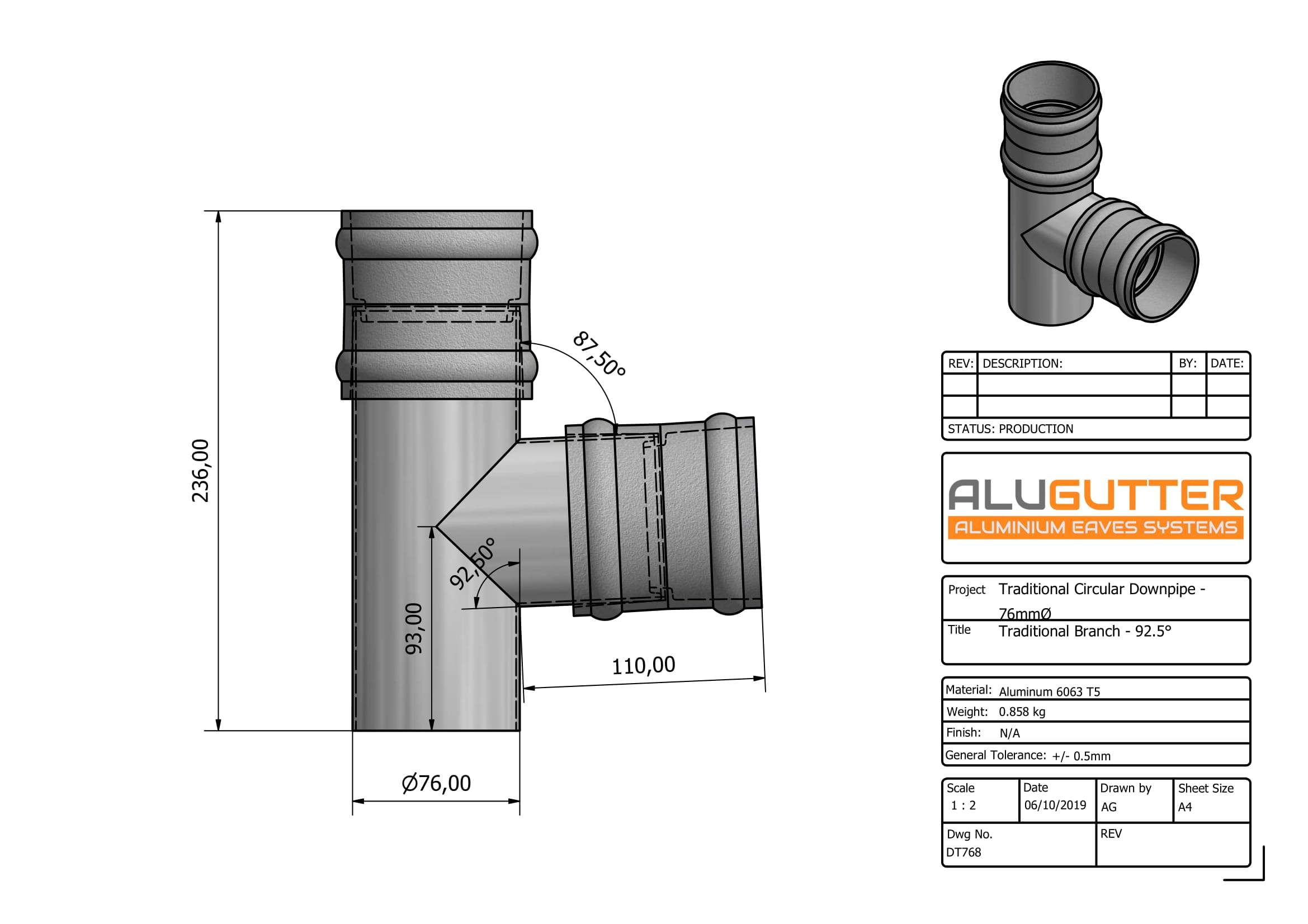 DT768 - TRADITIONAL BRANCH - 92.5 DEG - 76mm DIA - Alugutter