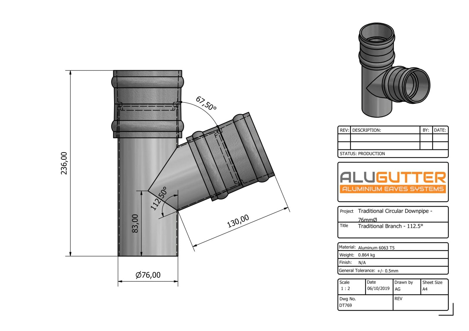 DT769 - TRADITIONAL BRANCH - 112.5 DEG - 76mm DIA - Alugutter