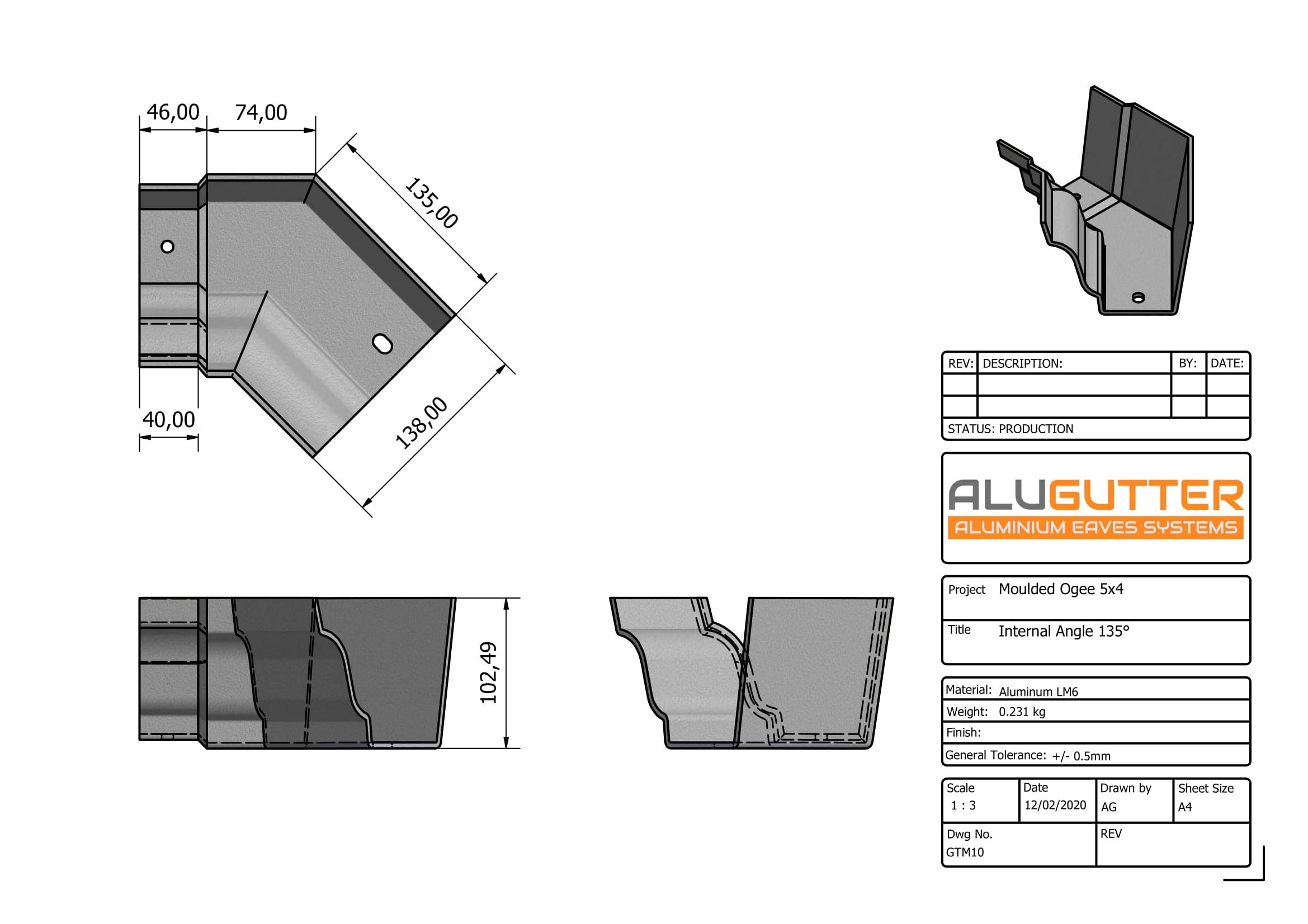 GTM10 - MOULDED GUTTER INTERNAL ANGLE 135 DEG - 125 x 100mm - Alugutter