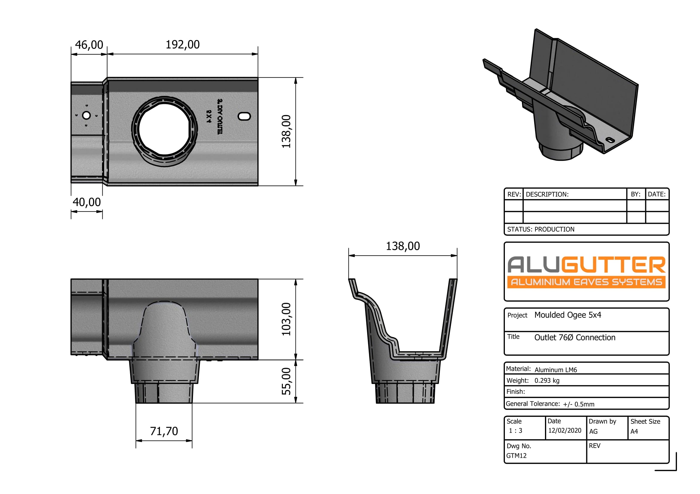 GTM12 - MOULDED GUTTER OUTLET 76mm DIA - 125 x 100mm - Alugutter