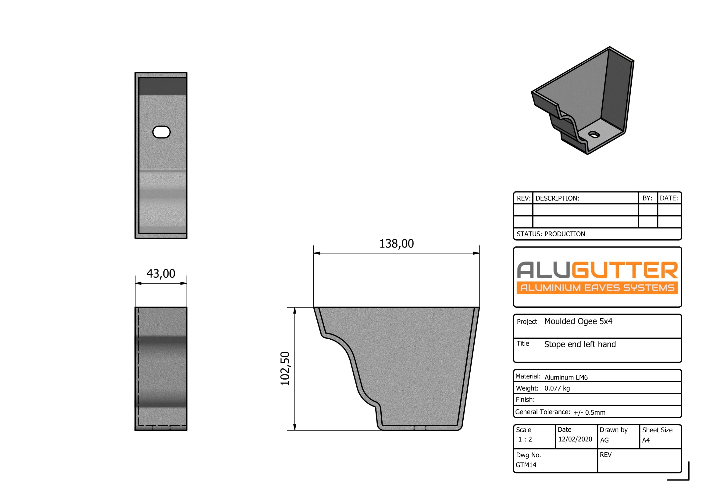 GTM14 - MOULDED GUTTER LEFT HAND STOP END - 125 x 100mm - Alugutter