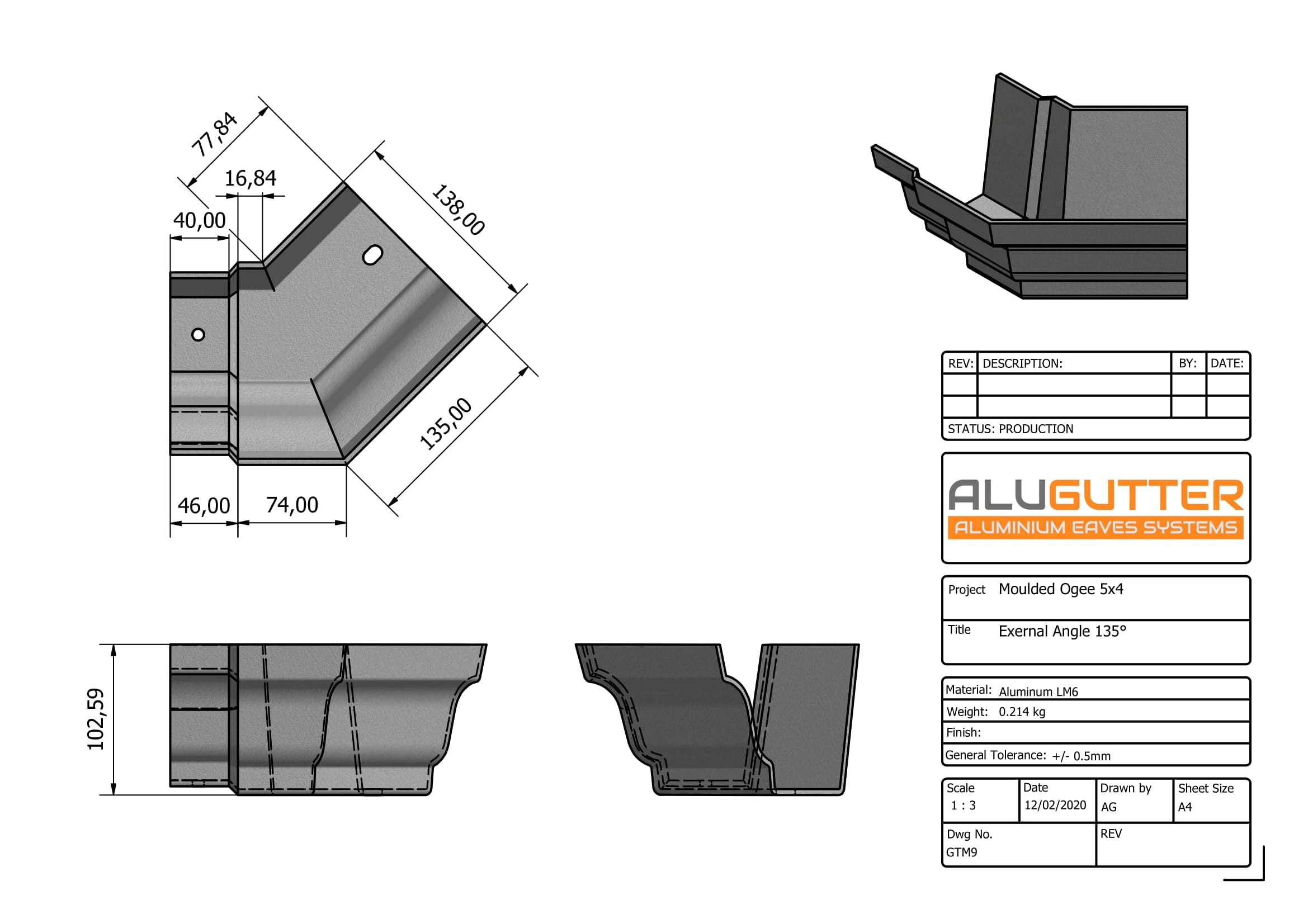 GTM9 - MOULDED GUTTER EXTERNAL ANGLE 135 DEG - 125 x 100mm - Alugutter