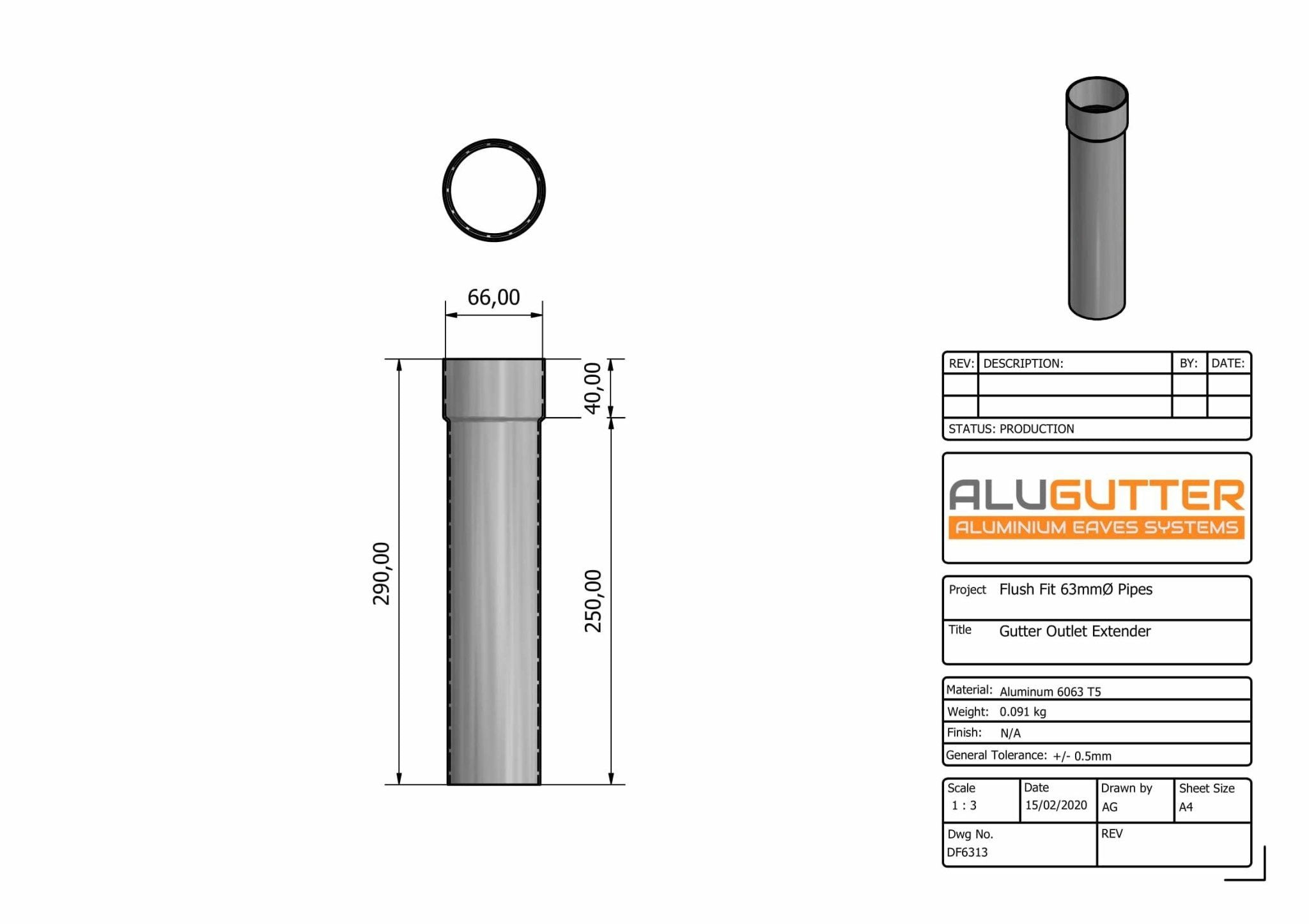 DF6313 - GUTTER OUTLET SPIGOT EXTENDER - 63mm DIA - Alugutter