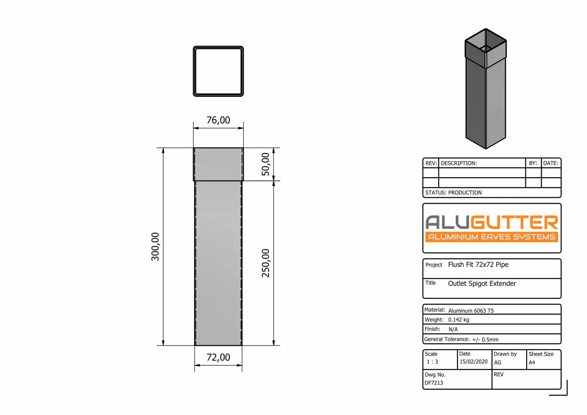 DF7213 - GUTTER OUTLET SPIGOT EXTENDER - 72x72mm - Alugutter
