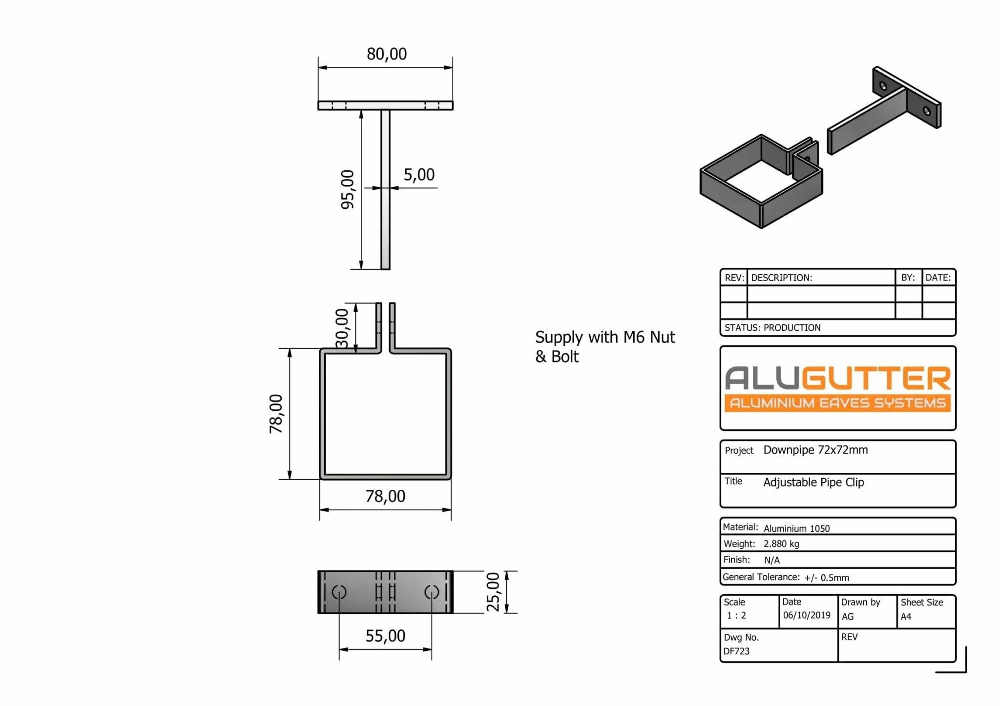 DF723 - ADJUSTABLE PIPE CLIP - 72x72mm - Alugutter
