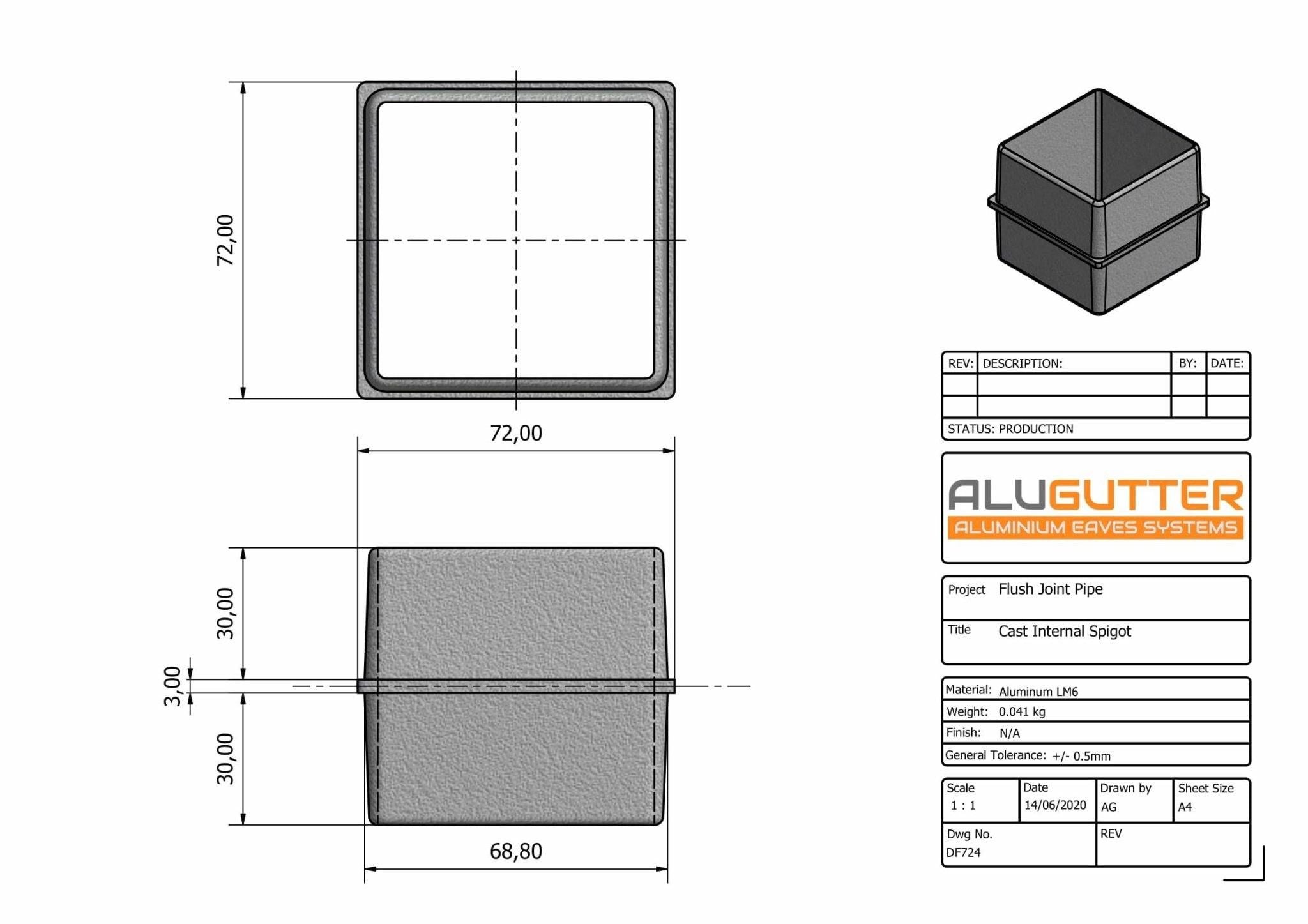 DF724 - FLUSH JOINT INTERNAL JOINTER - 72x72mm - Alugutter