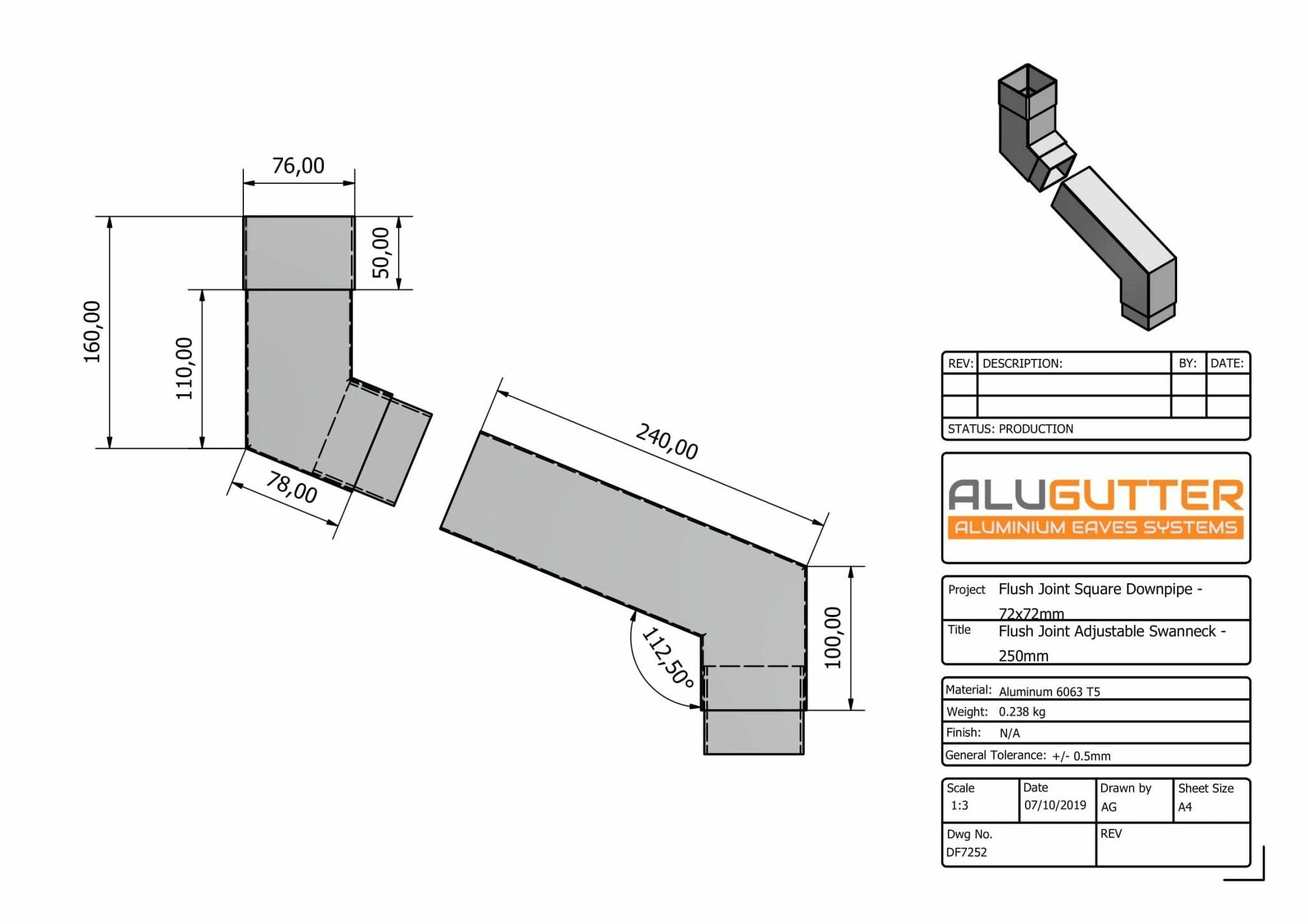DF7252 - FLUSH JOINT ADJUSTABLE SWANNECK - 100-250mm PROJ - 72x72mm - Alugutter