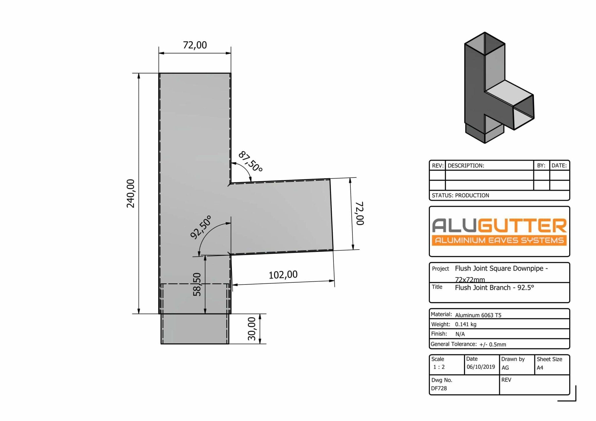 DF728 - FLUSH JOINT BRANCH - 92.5 DEG - 72x72mm - Alugutter