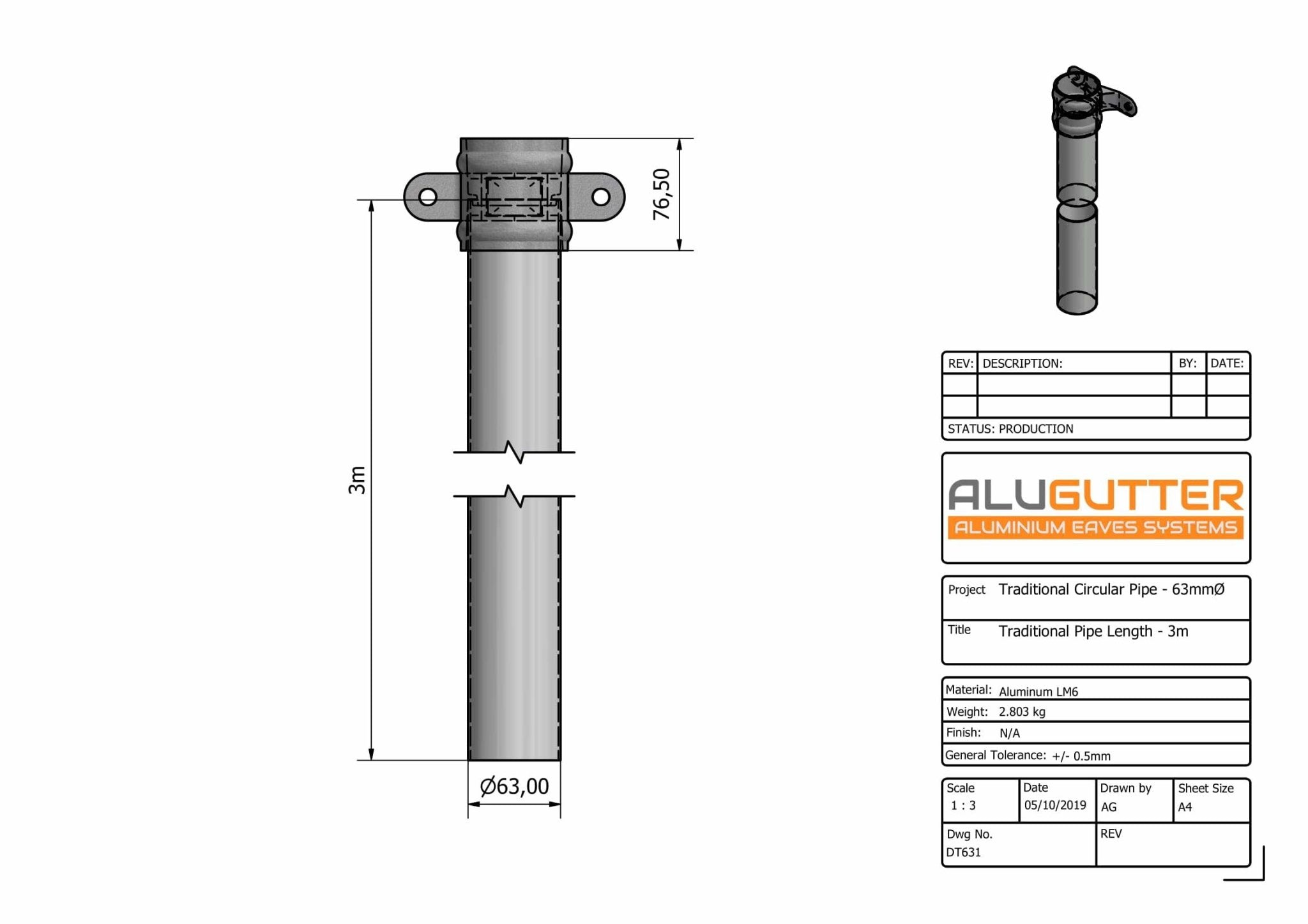 DT631 - TRADITIONAL DOWNPIPE LENGTH - (Eared Socket) 63mm DIA x 3m - Alugutter