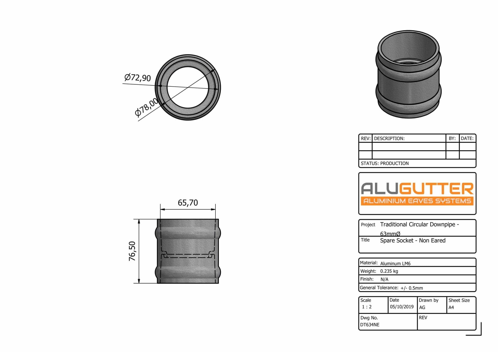 DT634NE - TRADITIONAL SPARE SOCKET (Non Eared) - 63mm DIA - Alugutter