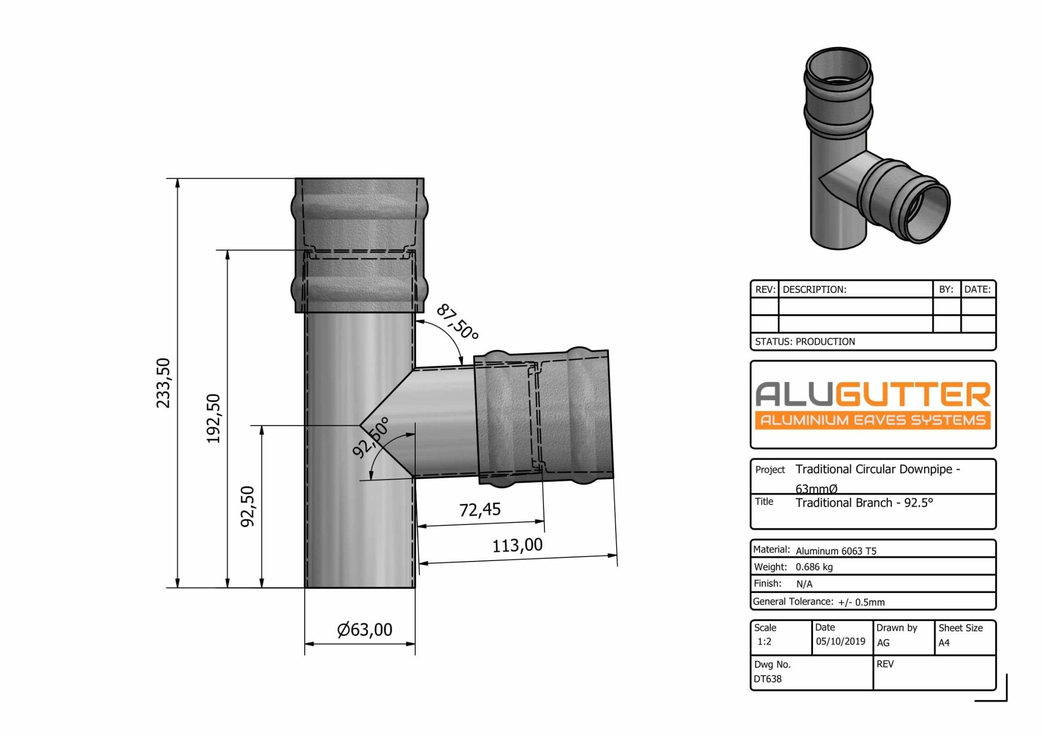 DT638 - TRADITIONAL BRANCH - 92.5 DEG - 63mm DIA - Alugutter