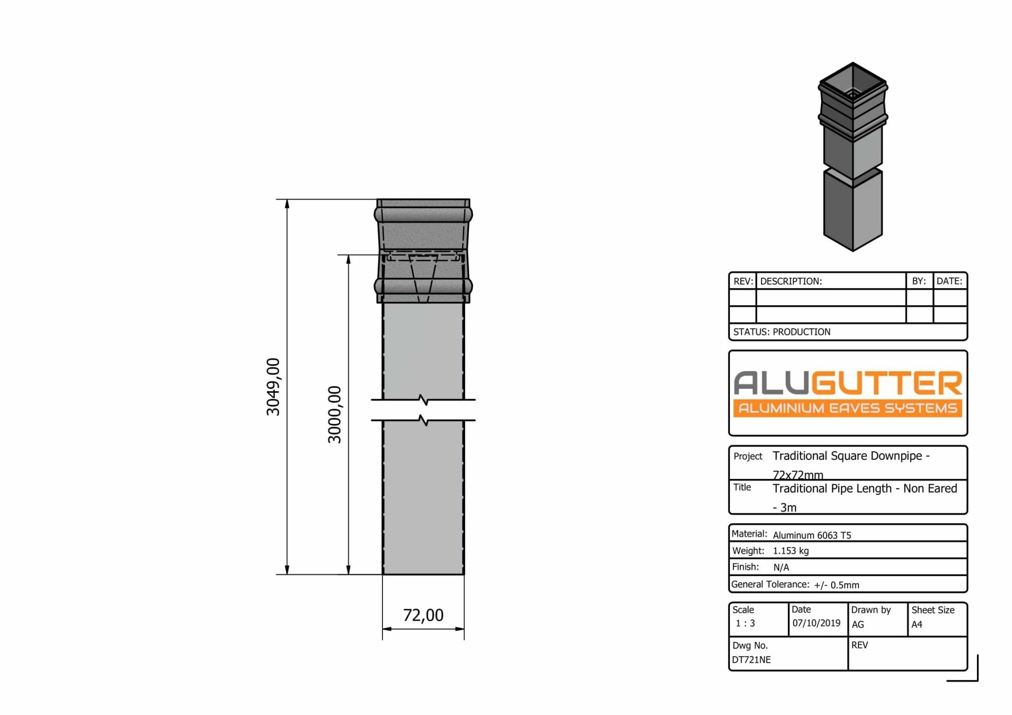 DT721NE - TRADITIONAL DOWNPIPE LENGTH - (Non Eared Socket) 72x72mm x 3m - Alugutter