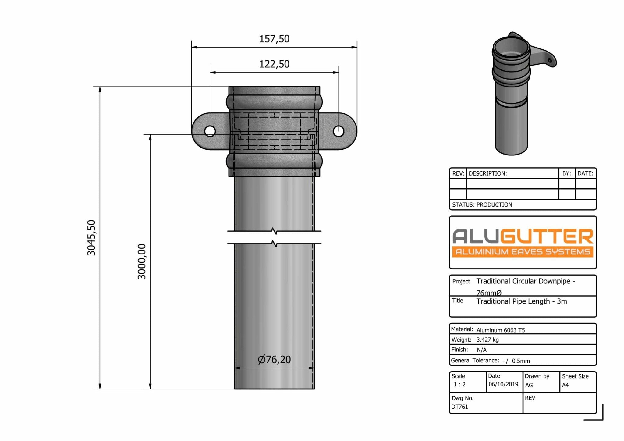 DT761 - TRADITIONAL DOWNPIPE LENGTH - (Eared Socket) 76mm DIA x 3m - Alugutter