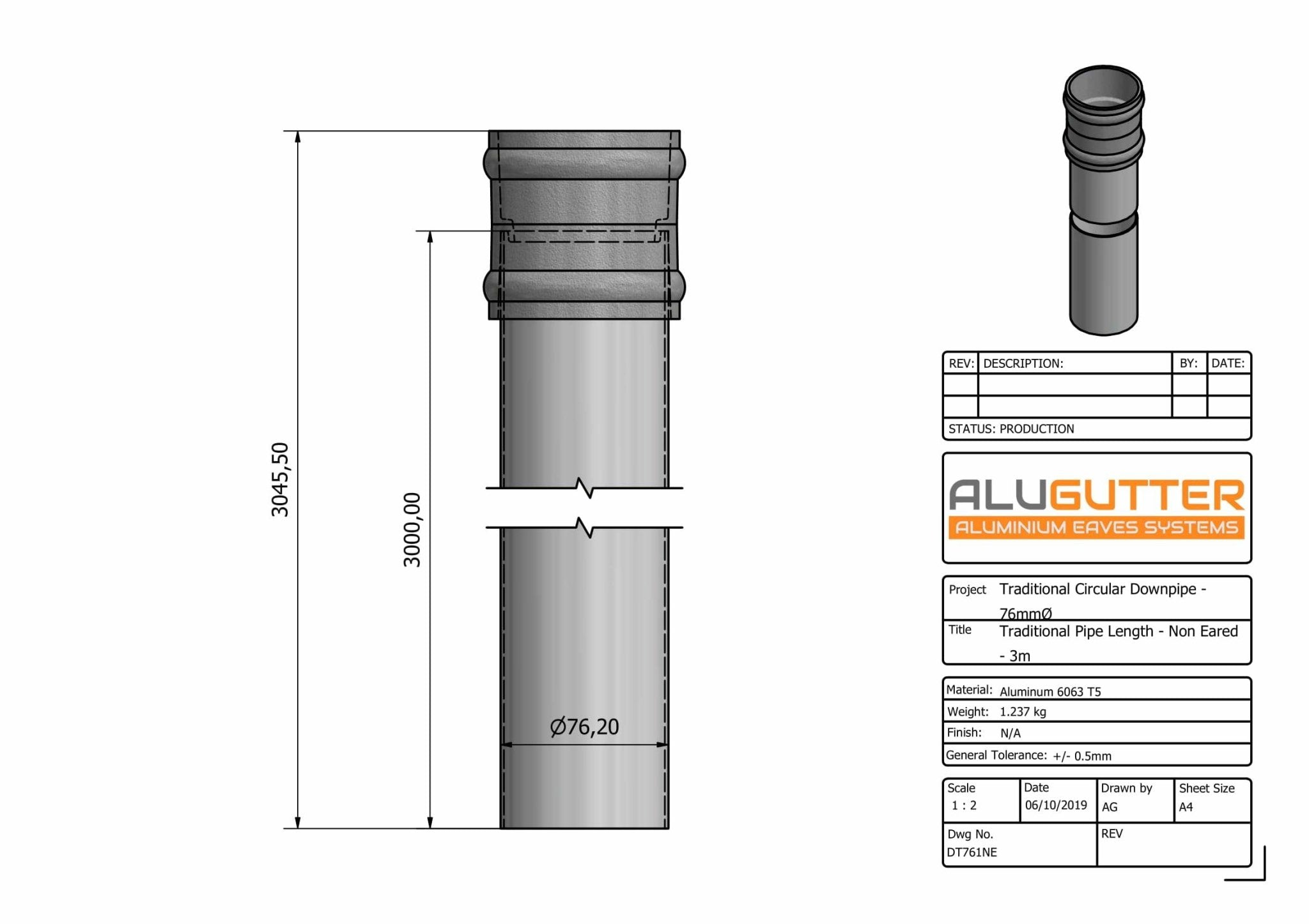 DT761NE - TRADITIONAL DOWNPIPE LENGTH - (Non Eared Socket) 76mm DIA x 3m - Alugutter