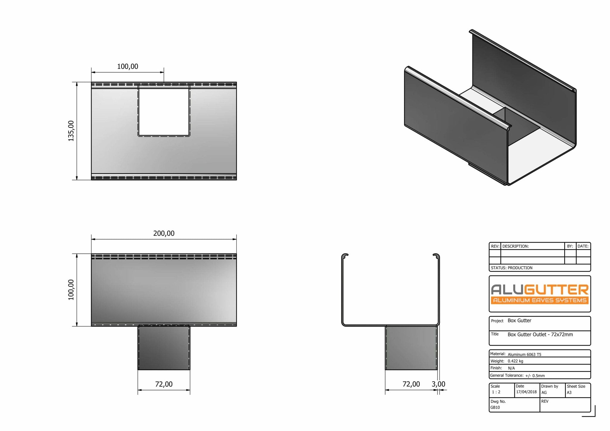GB10 - BOX GUTTER OUTLET 72 x 72MM - 135 x 100mm - Alugutter