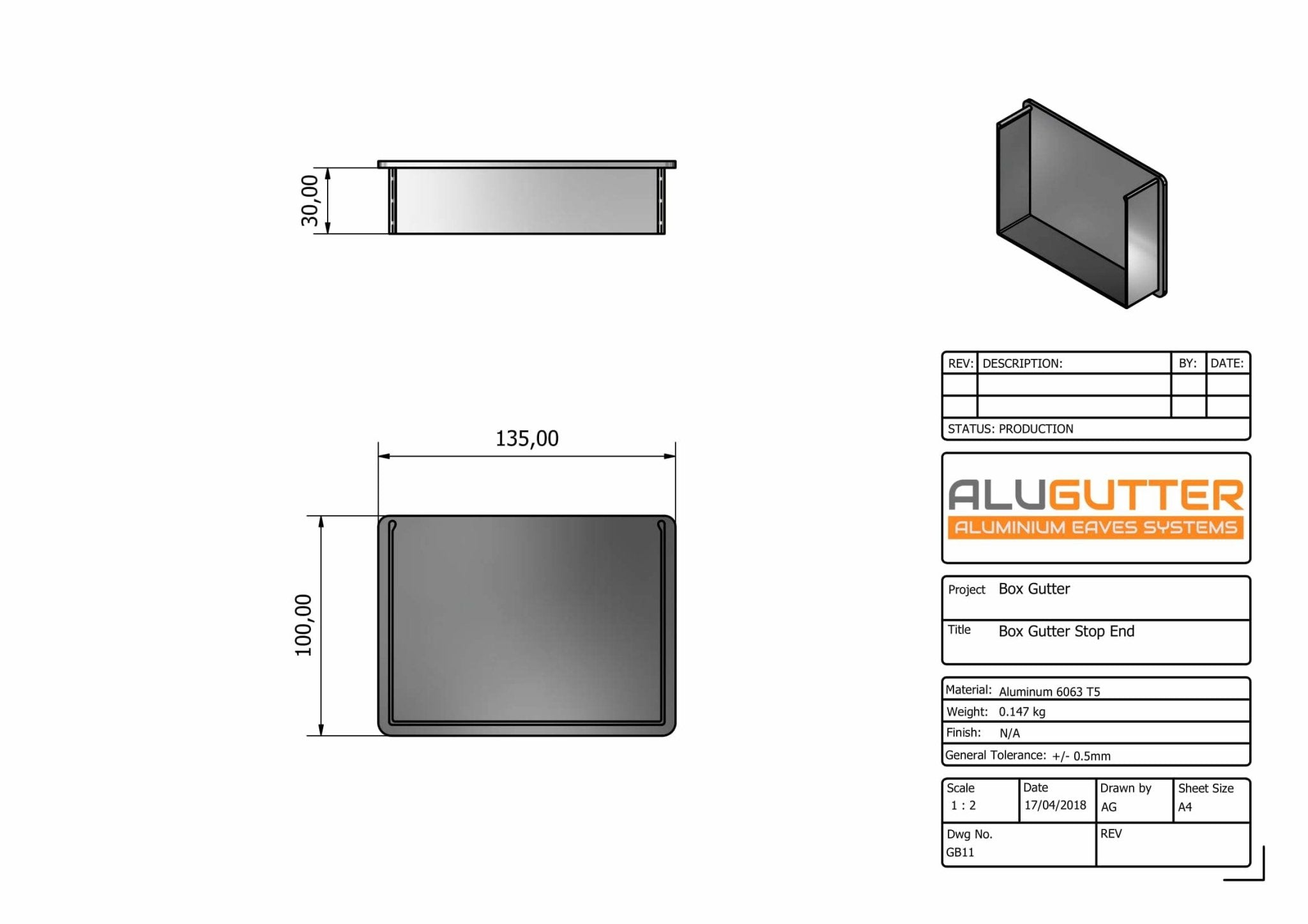 GB11 - BOX GUTTER STOP END - 135 x 100mm - Alugutter