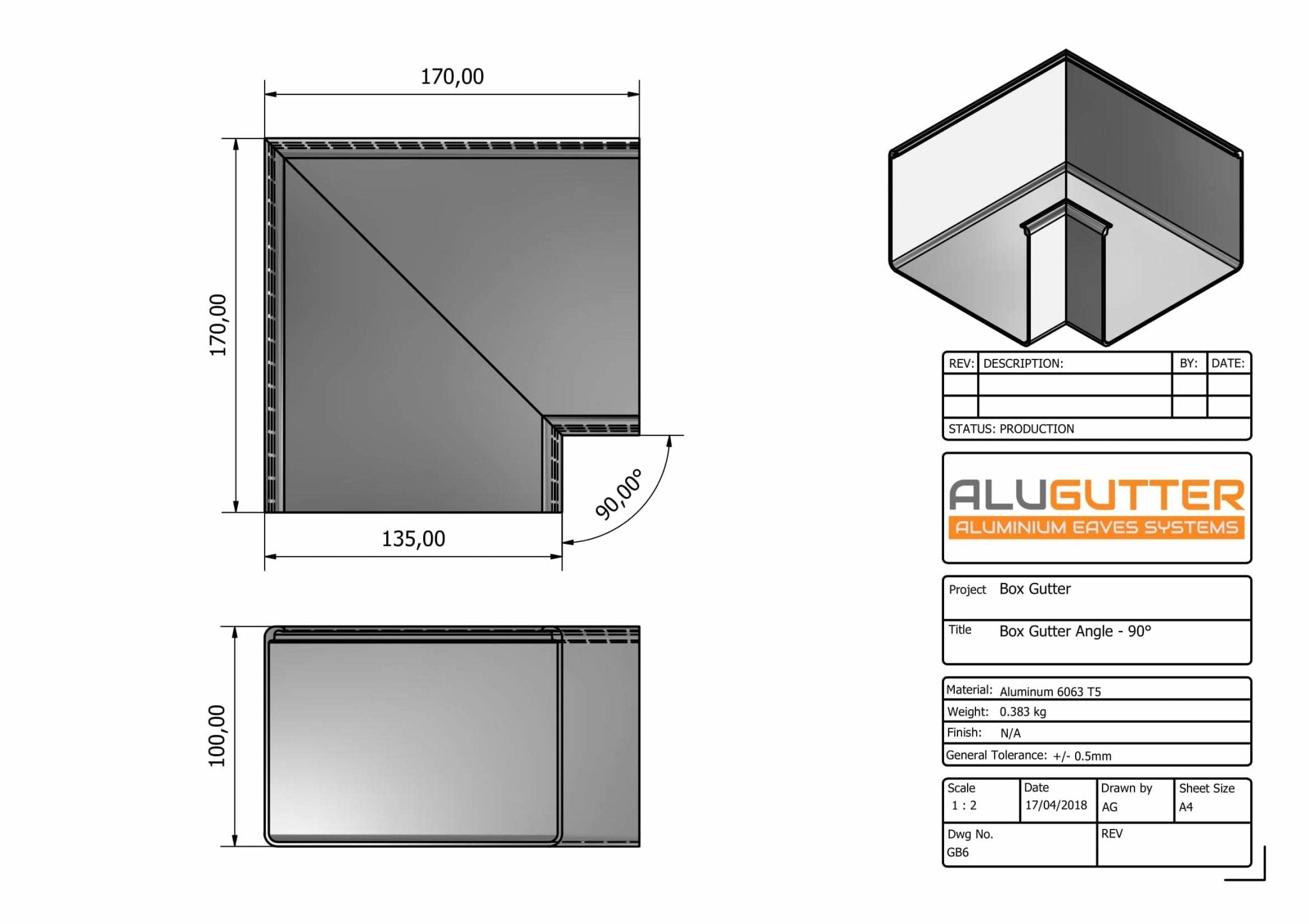 GB6 - BOX GUTTER ANGLE 90 DEG - 135 x 100mm - Alugutter