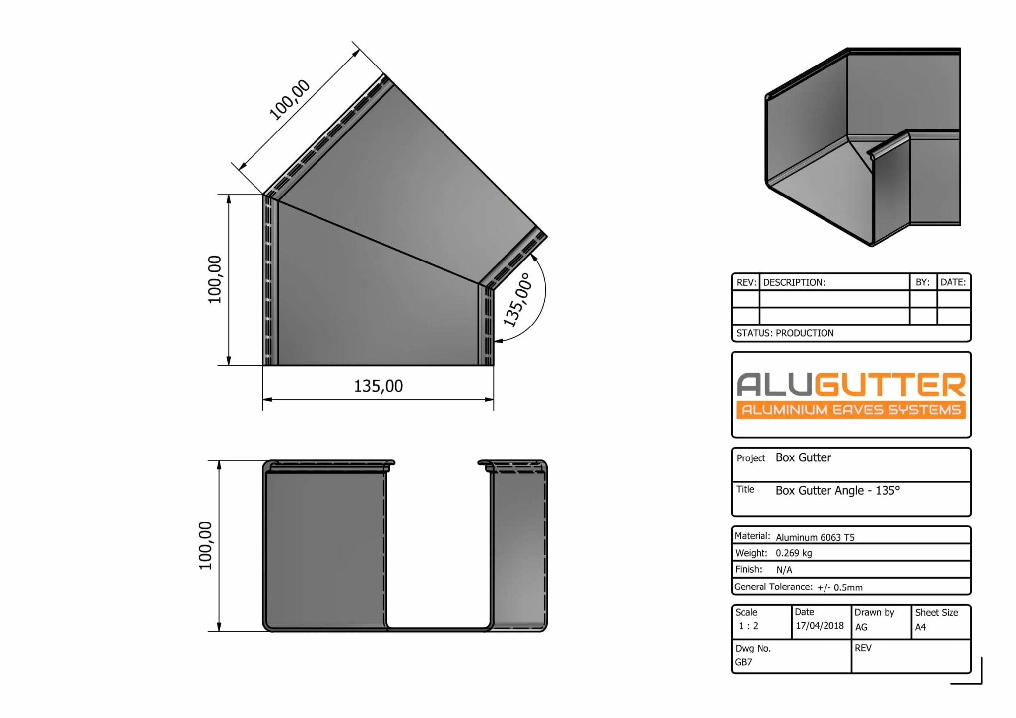 GB7 - BOX GUTTER ANGLE 135 DEG - 135 x 100mm - Alugutter