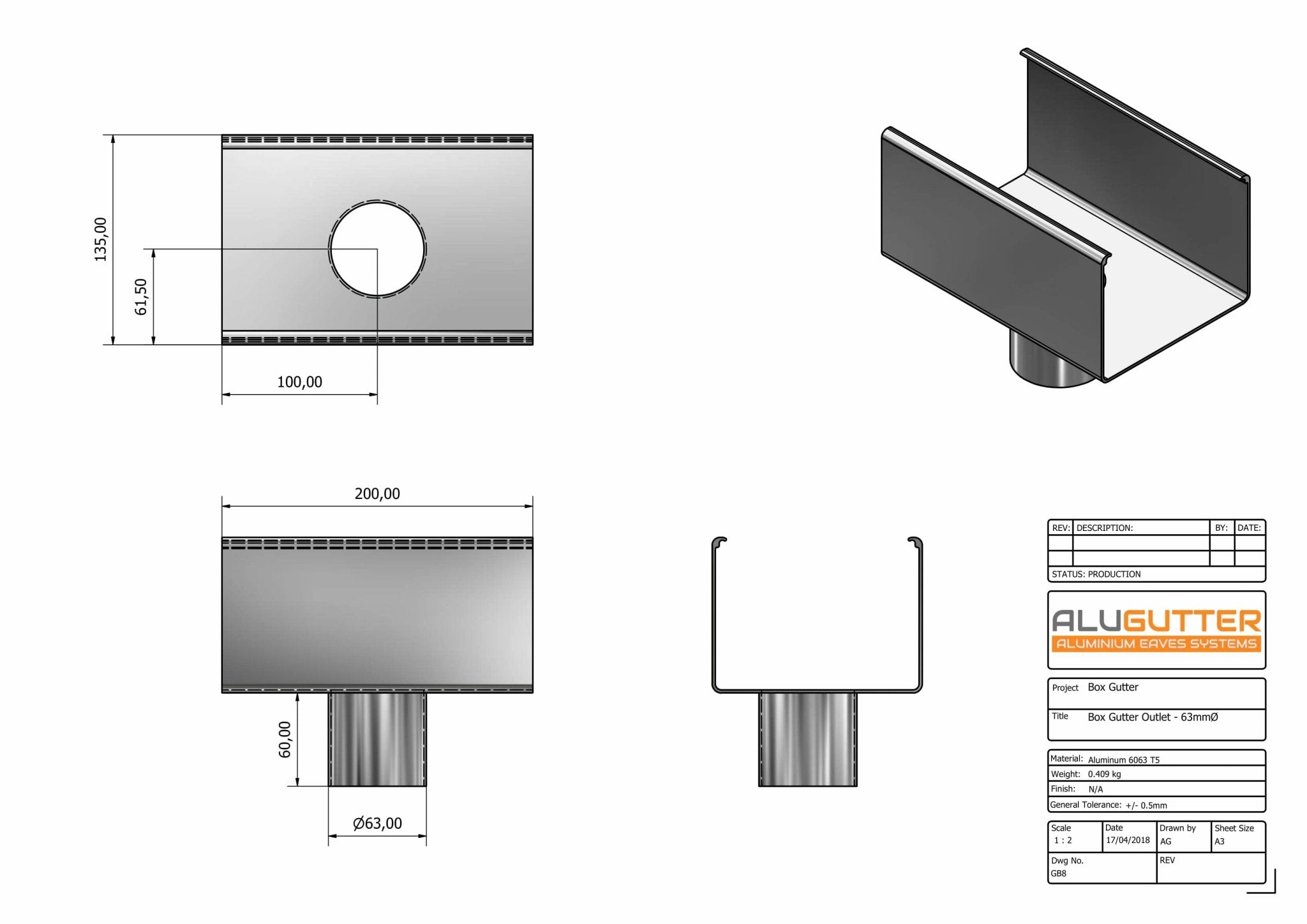 GB8 - BOX GUTTER OUTLET 63MM DIA - 135 x 100mm - Alugutter