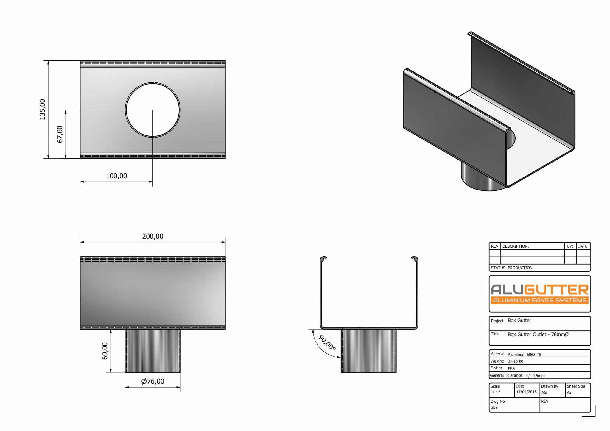 GB9 - BOX GUTTER OUTLET 76MM DIA - 135 x 100mm - Alugutter