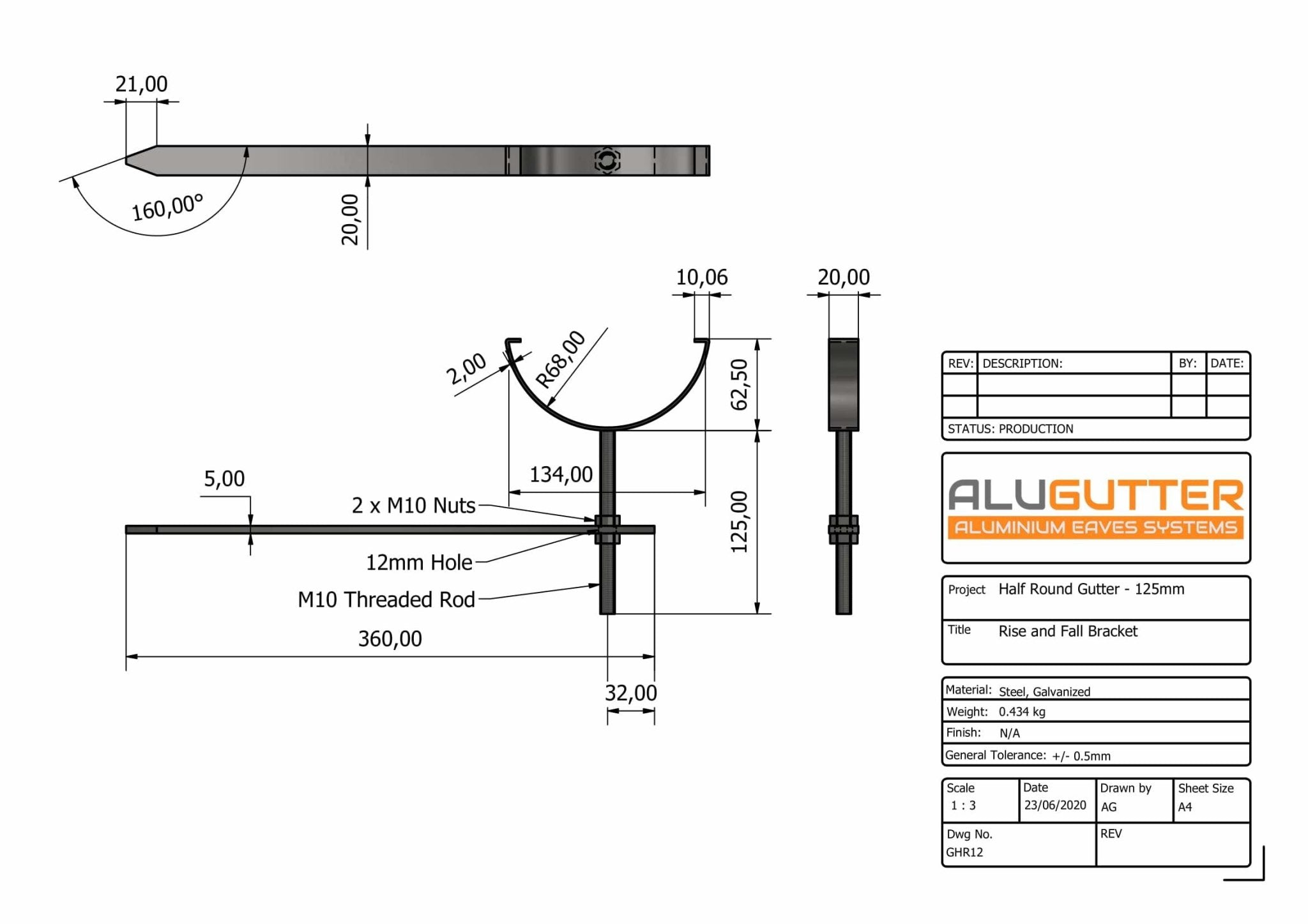 GHR12 - HALF ROUND GUTTER RISE AND FALL BRACKET - 125mm - Alugutter