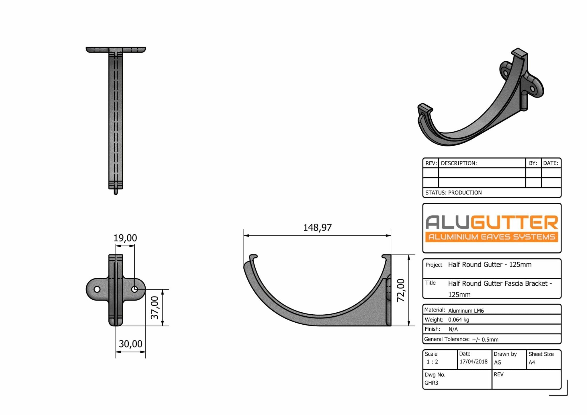 GHR3 - HALF ROUND GUTTER FASCIA BRACKET - 125mm - Alugutter
