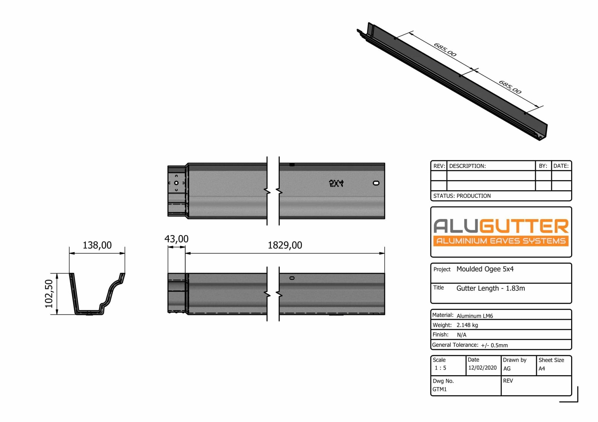 GTM1 - MOULDED GUTTER LENGTH - 125 x 100mm x 1.83M - Alugutter