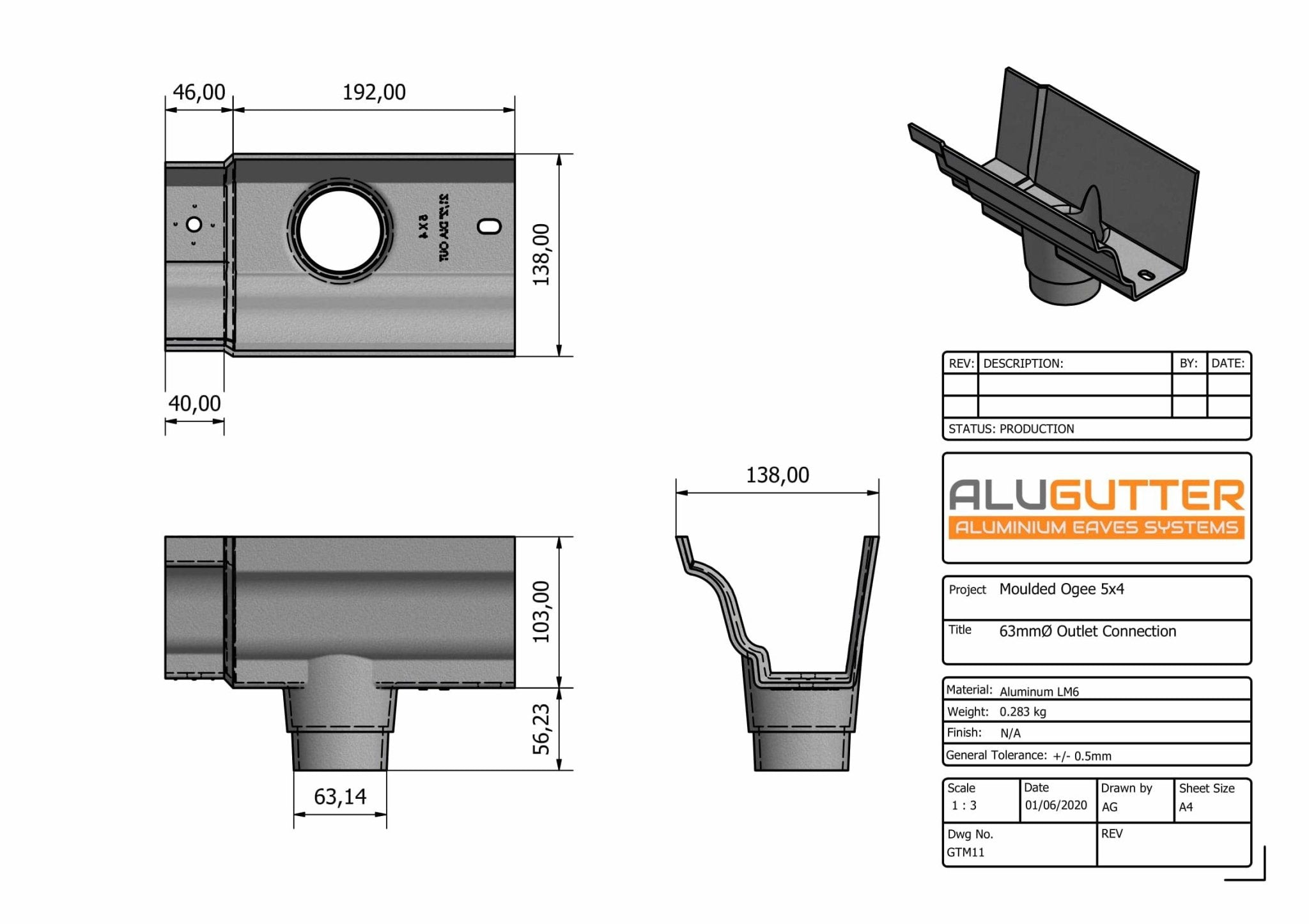 GTM11 - MOULDED GUTTER OUTLET 63mm DIA - 125 x 100mm - Alugutter