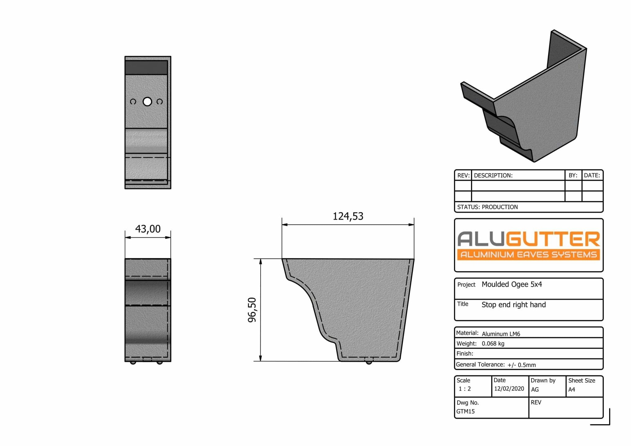 GTM15 - MOULDED GUTTER RIGHT HAND STOP END - 125 x 100mm - Alugutter