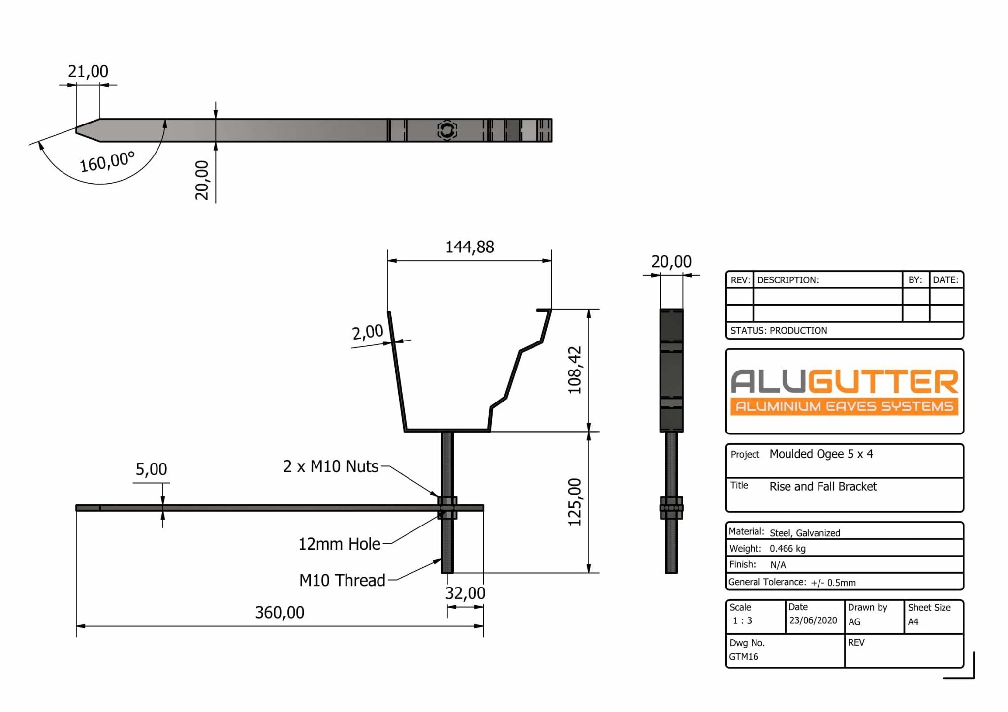 GTM16 - MOULDED GUTTER RISE AND FALL BRACKET - 125 x 100mm - Alugutter