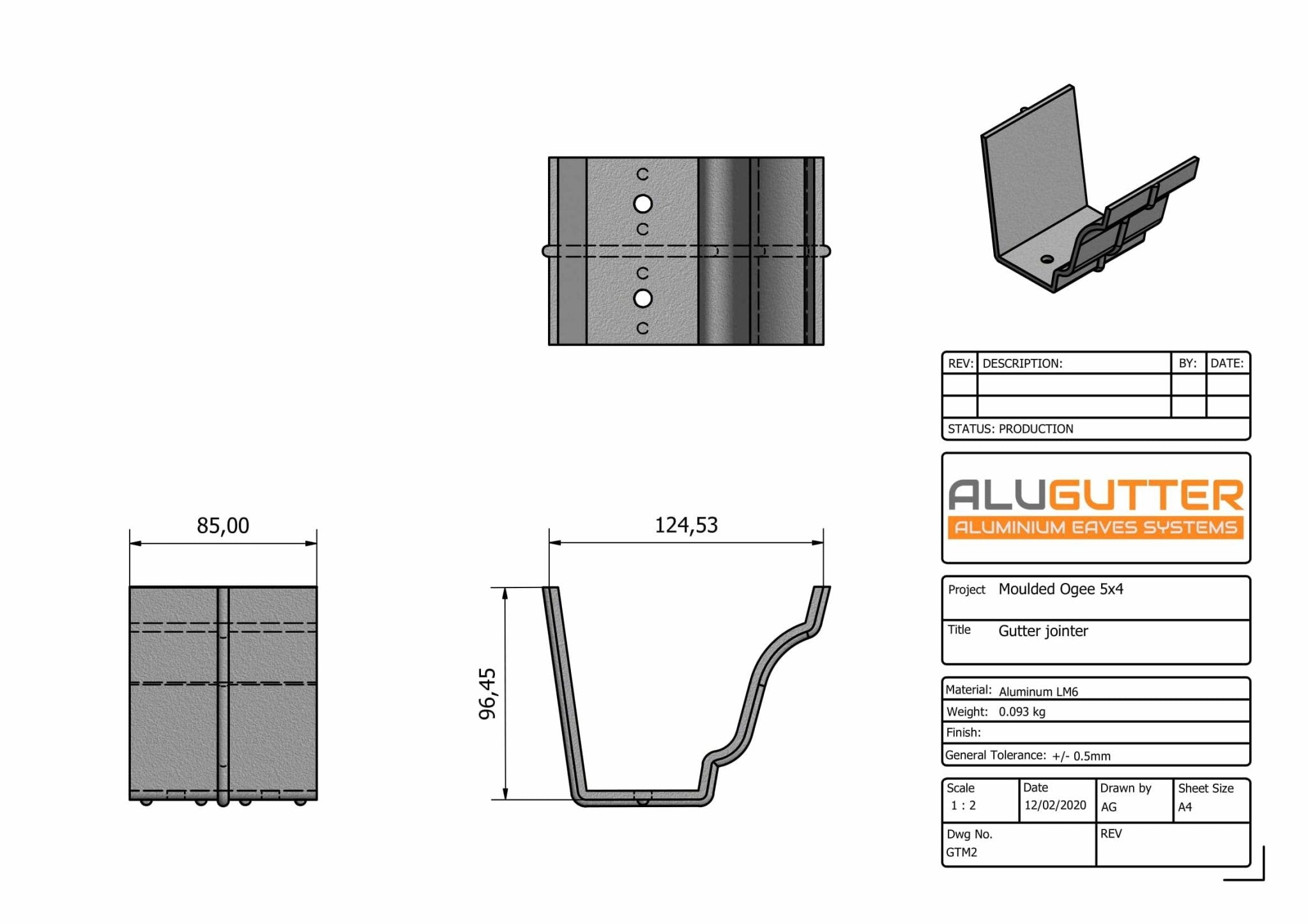 GTM2 - MOULDED GUTTER JOINTER - 125 x 100mm - Alugutter