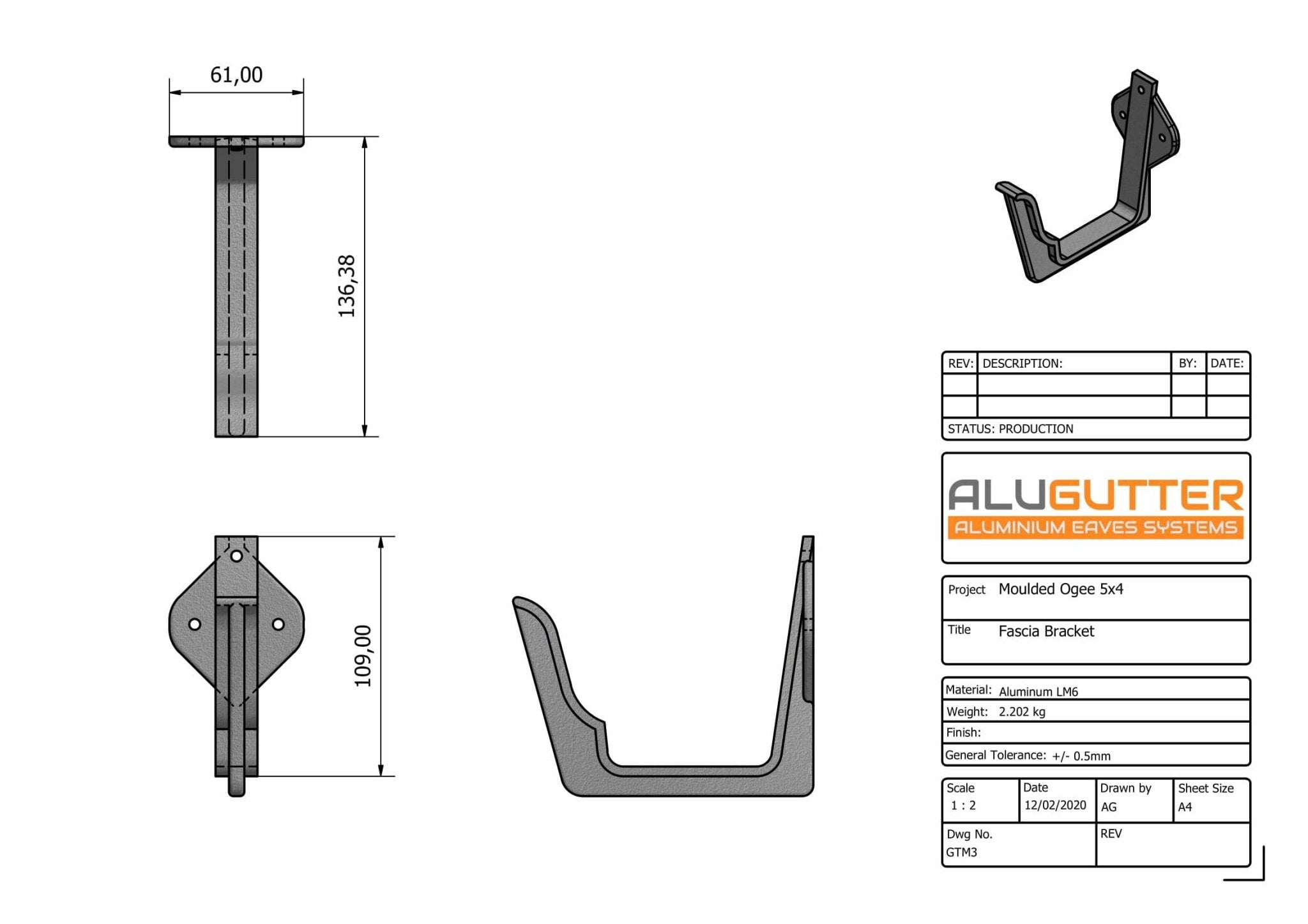 GTM3 - MOULDED GUTTER FASCIA BRACKET - 125 x 100mm - Alugutter
