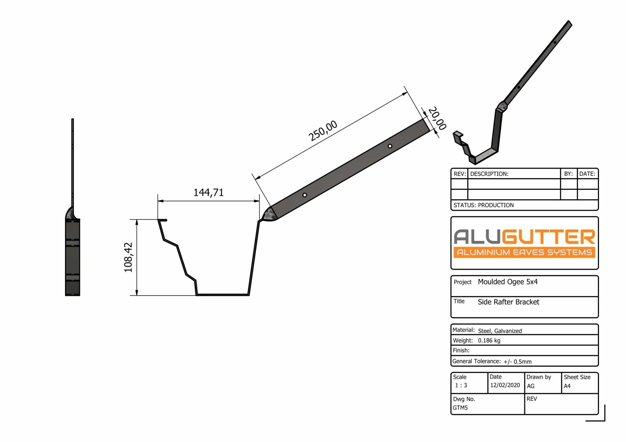 GTM5 - MOULDED GUTTER SIDE RAFTER BRACKET - 125 x 100mm - Alugutter