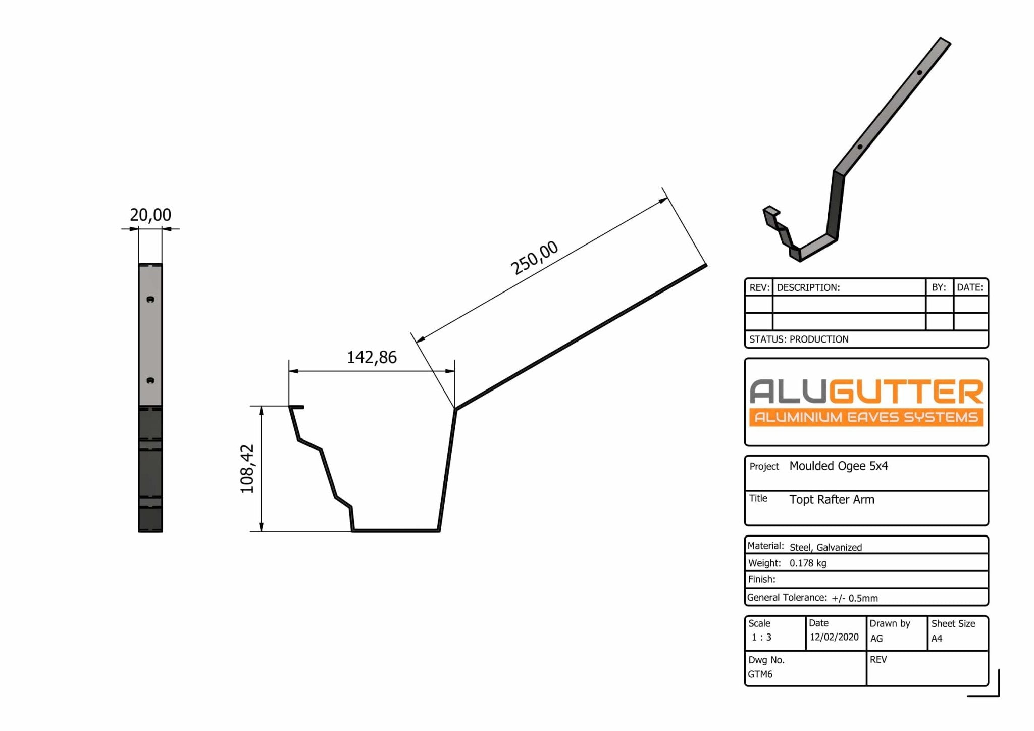 GTM6 - MOULDED GUTTER TOP RAFTER BRACKET - 125 x 100mm - Alugutter