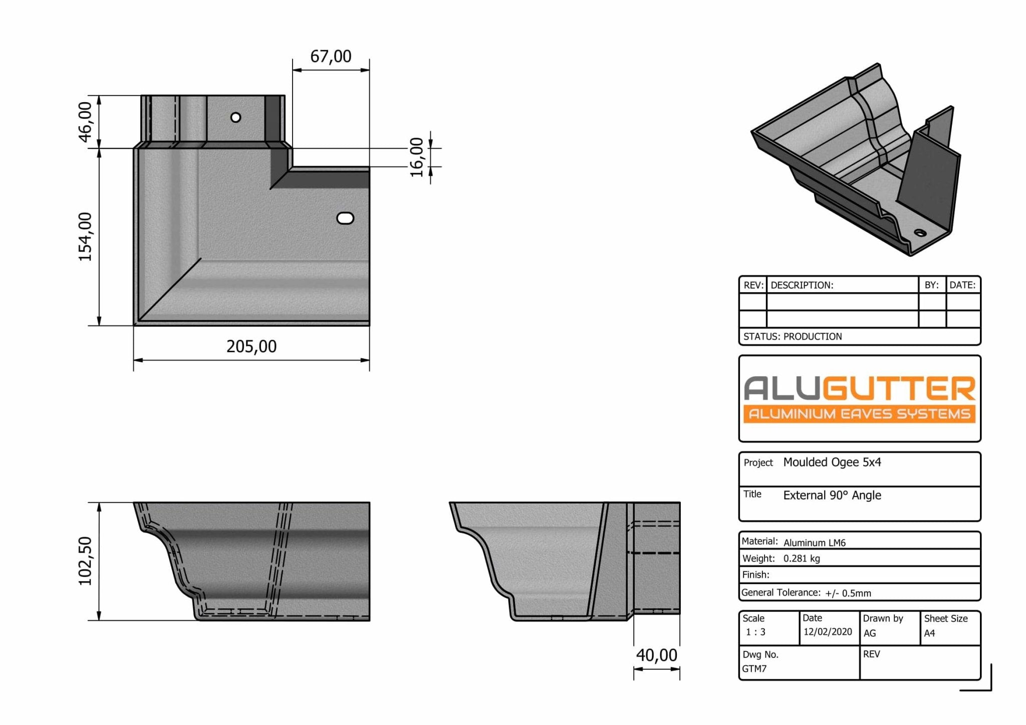 GTM7 - MOULDED GUTTER EXTERNAL ANGLE 90 DEG - 125 x 100mm - Alugutter