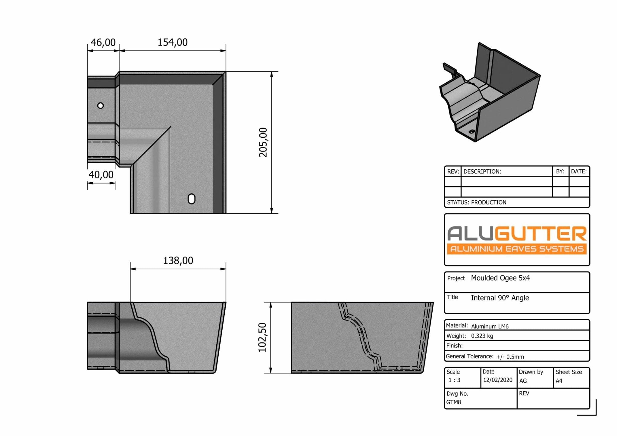 GTM8 - MOULDED GUTTER INTERNAL ANGLE 90 DEG - 125 x 100mm - Alugutter