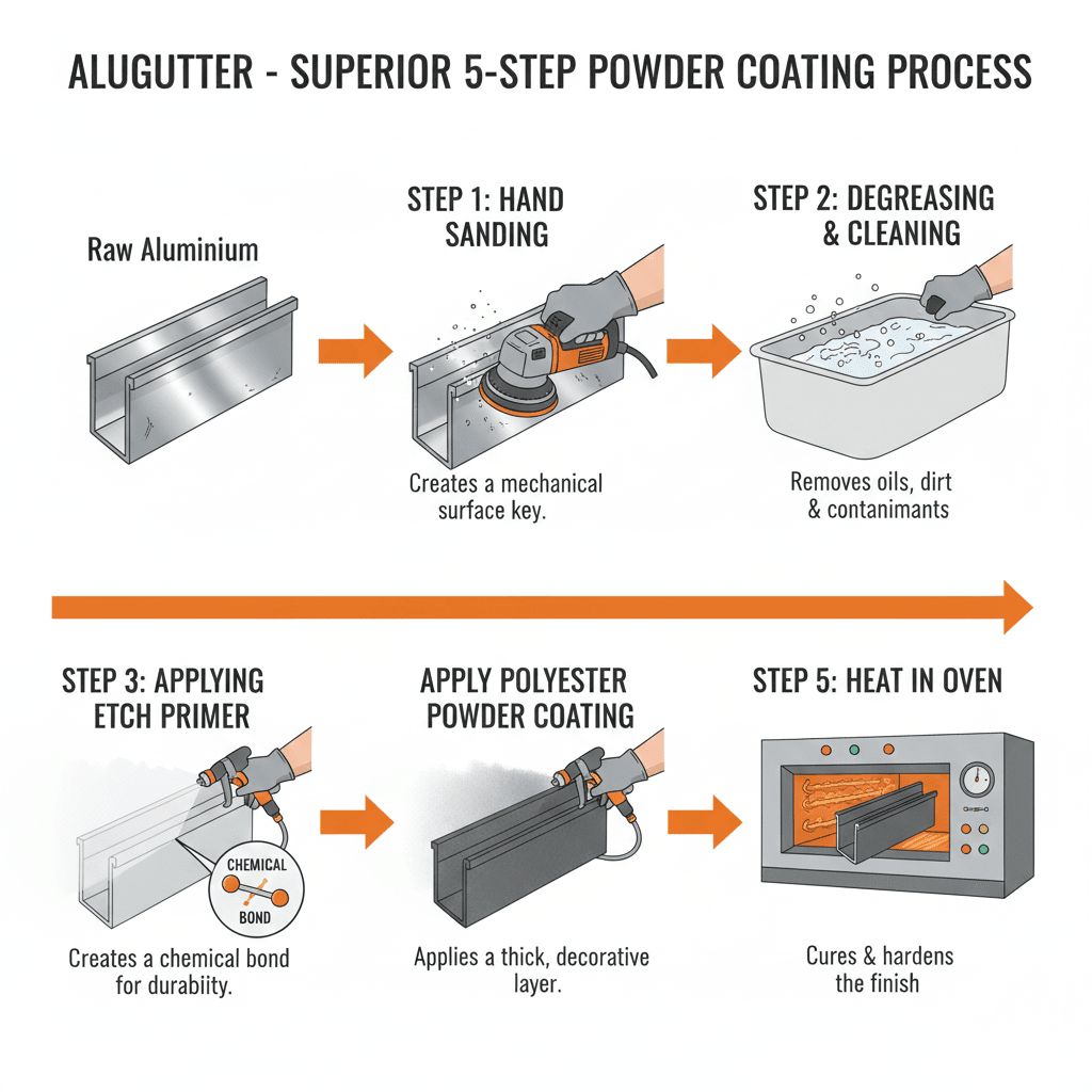 Alugutters Superior 5-Step Powder Coating Process Diagram