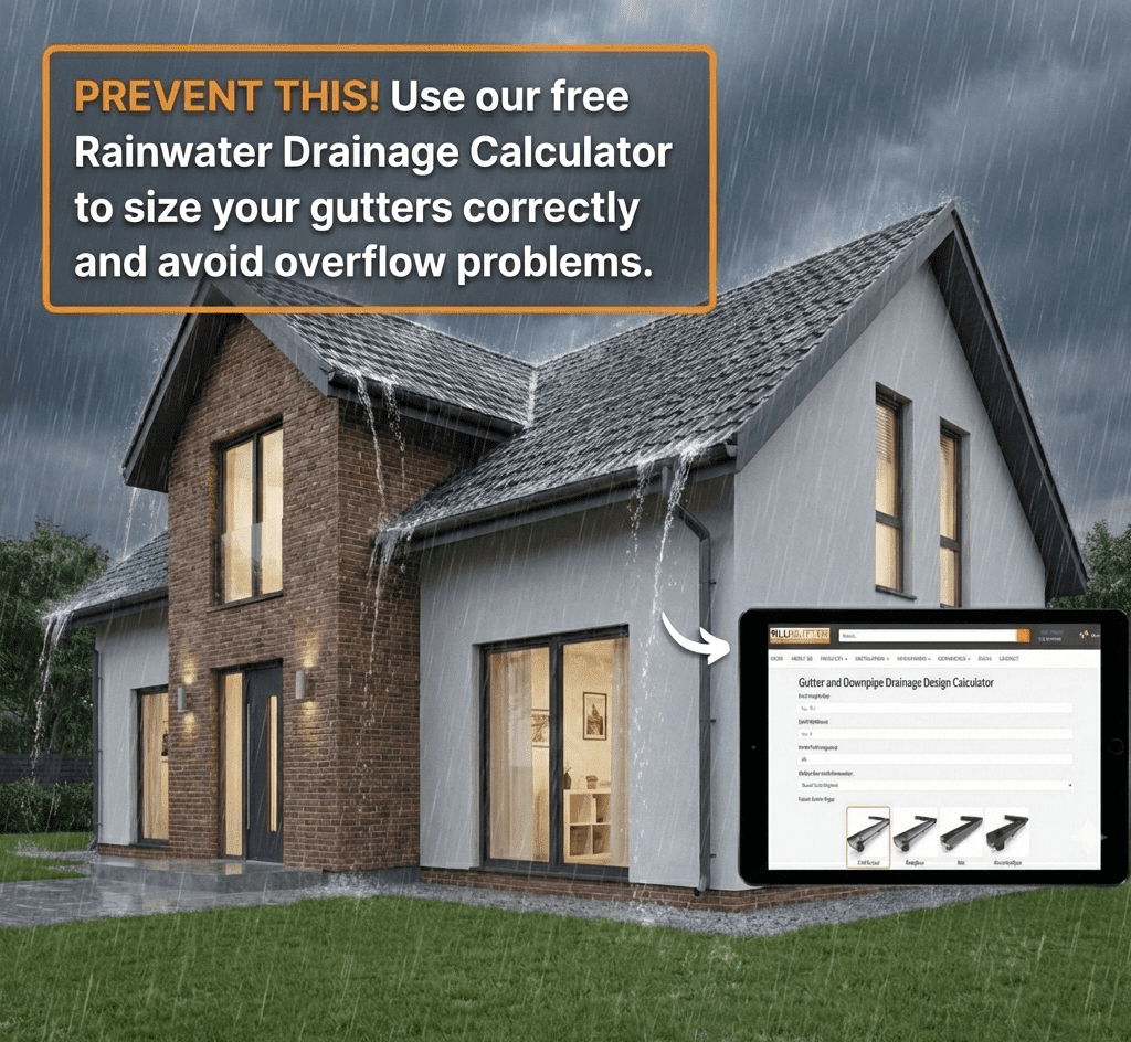 Heavy rainfall causing gutter overflow on a residential roof, displayed next to a tablet screen showing the Alugutter Drainage Design Calculator tool to prevent capacity issues.